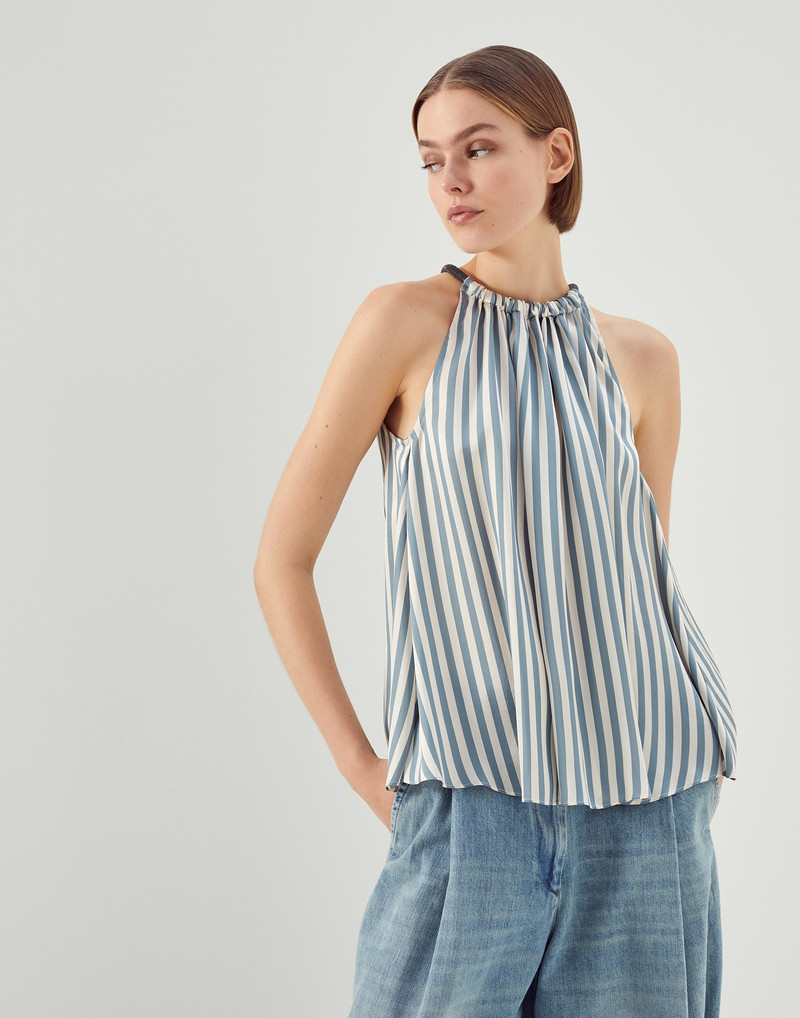 Viscose and silk striped twill top with shiny halterneck - 1