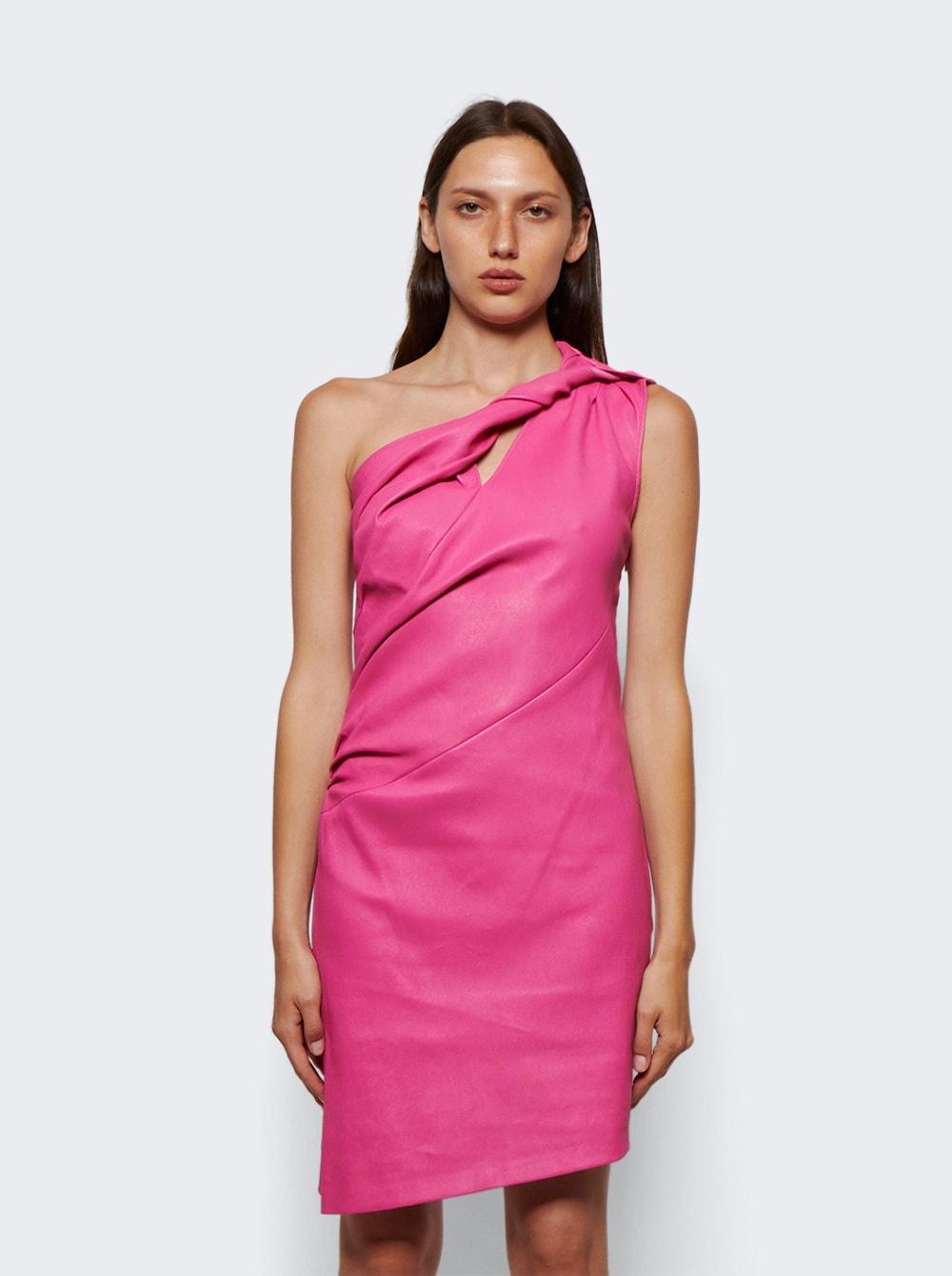 Draped Leather Mini Dress Fuchsia - 3