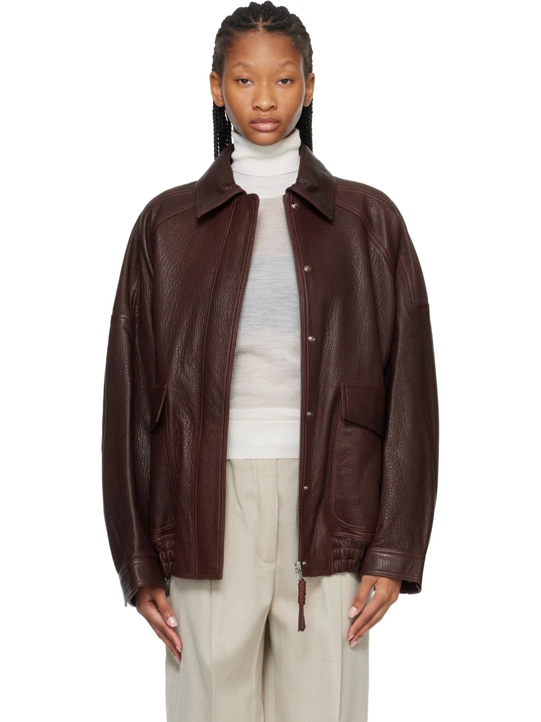 Brown Grain Leather Aviator Jacket - 1