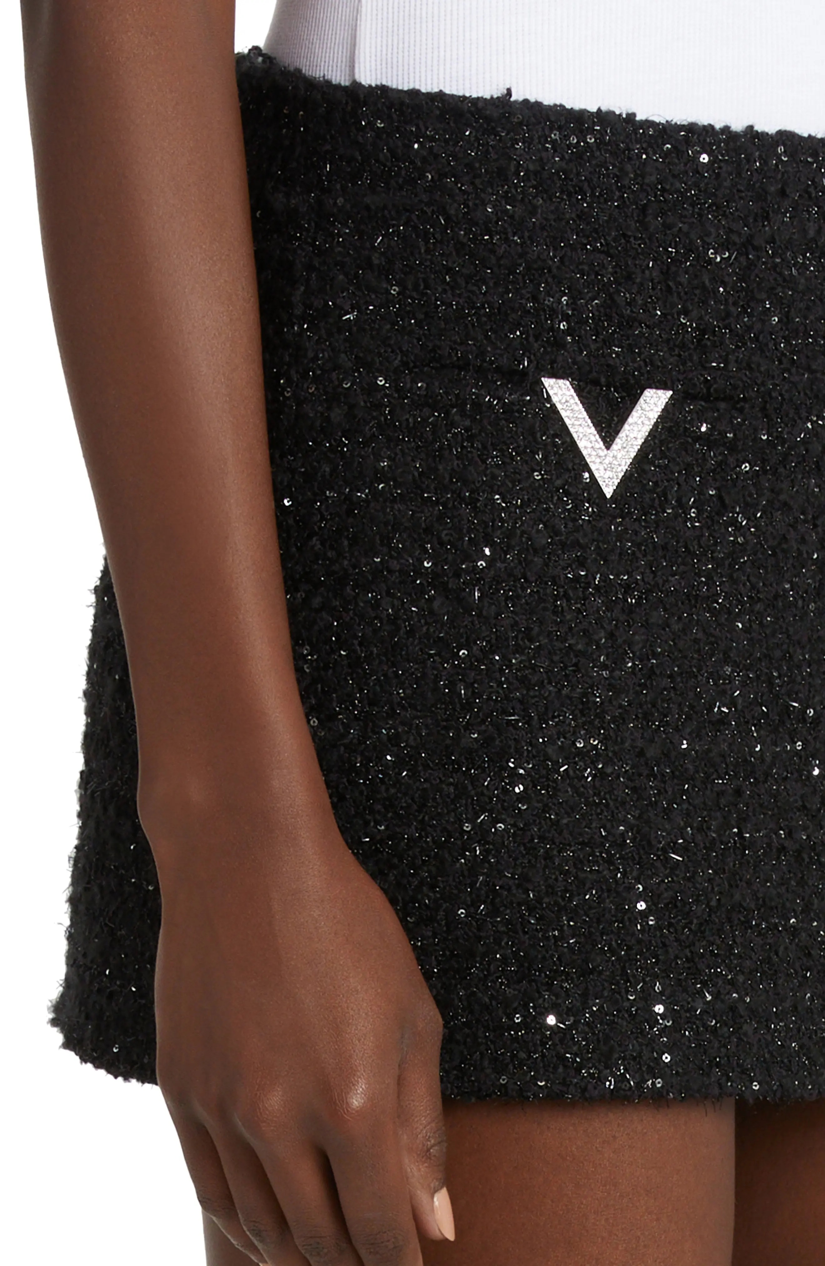 Crystal V-Detail Metallic Tweed Miniskirt in Nero Lurex/Strass - 5