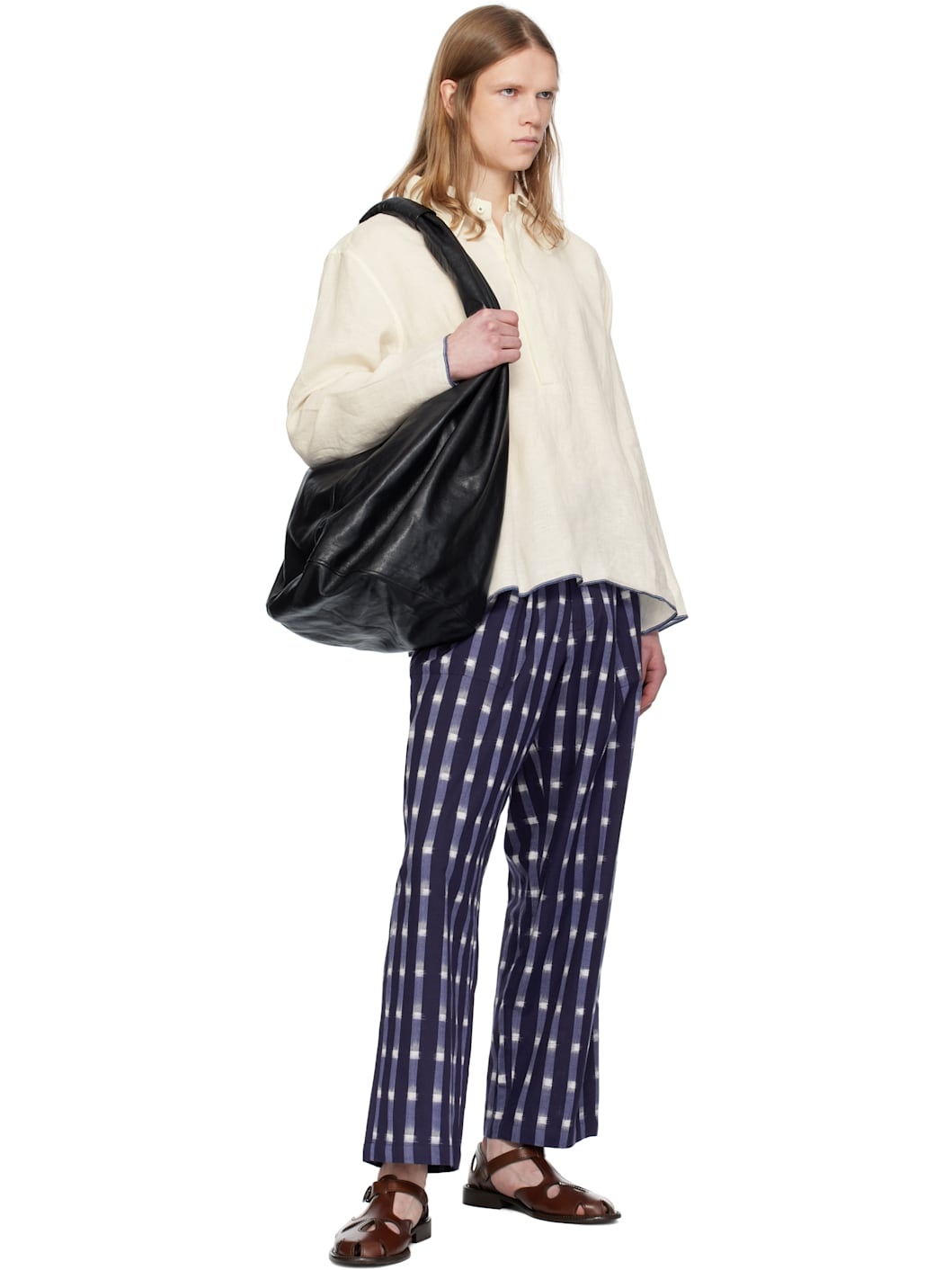 Navy Ikat Wide Leg Pleated Trousers - 4