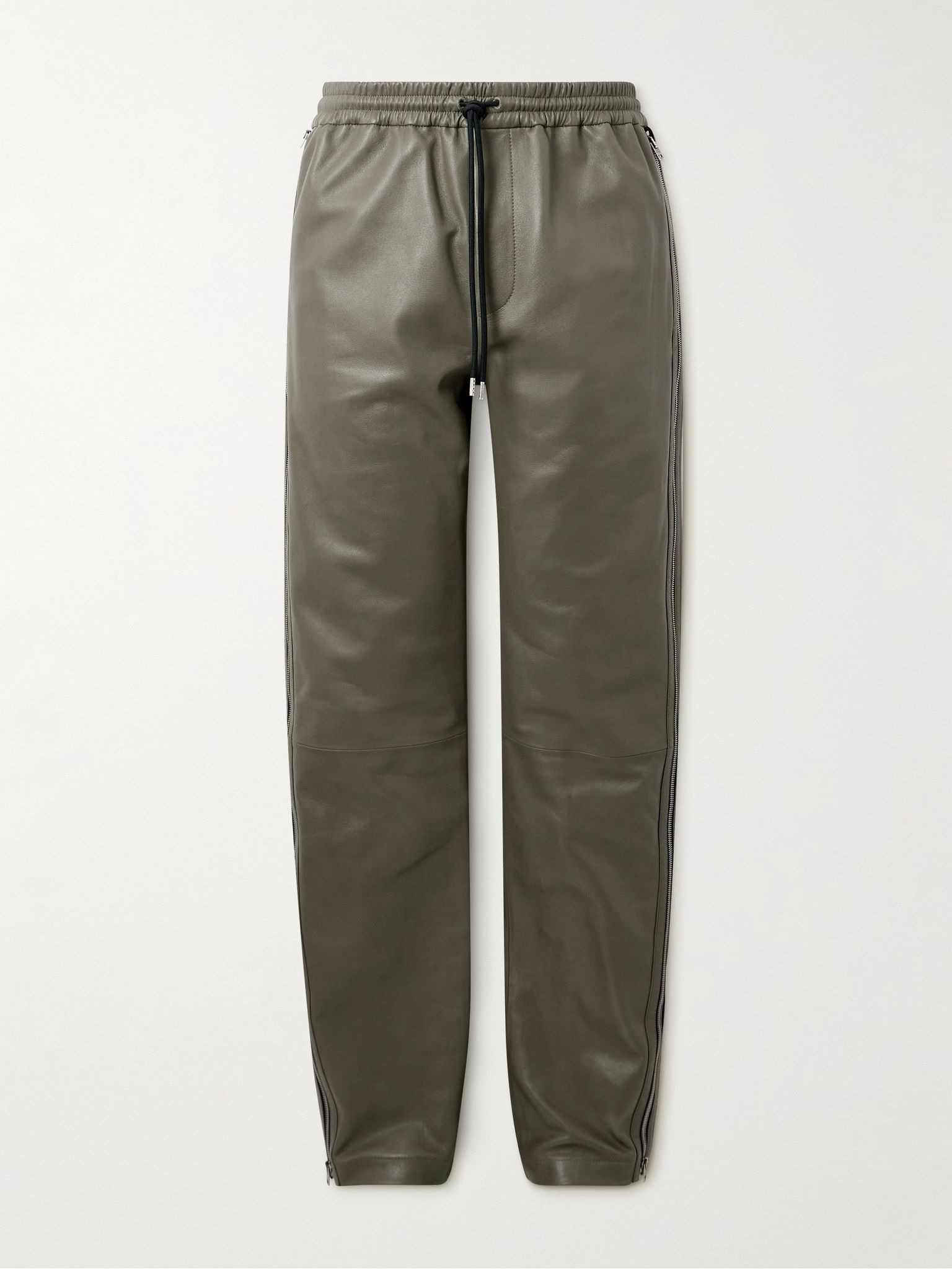 Straight-Leg Zip-Detailed Leather Drawstring Trousers Green - 1