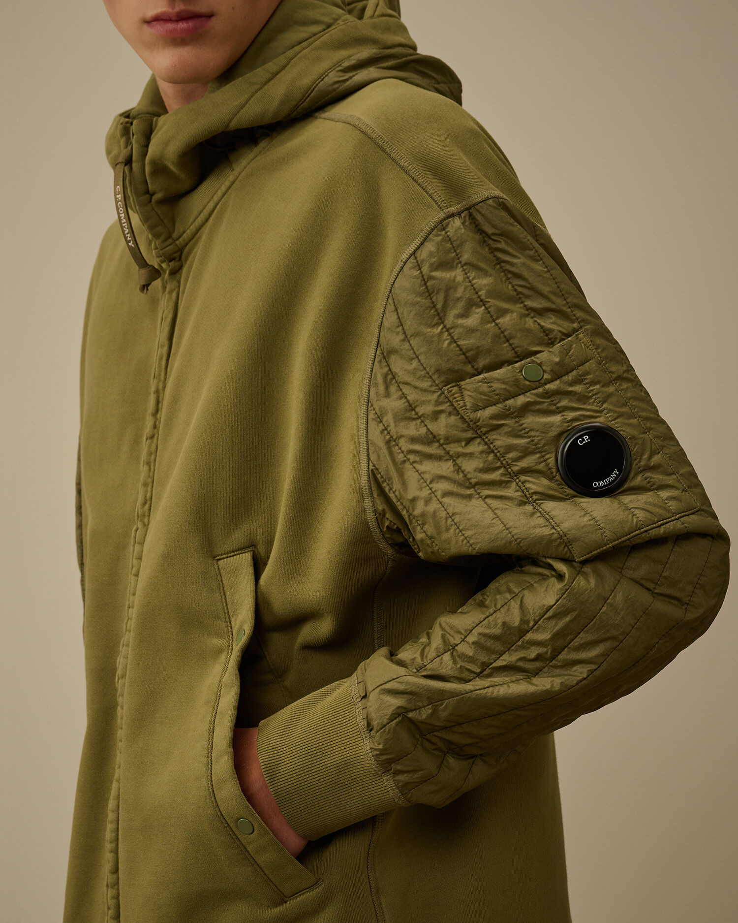 Diagonal Raised Fleece Mixed Full Zip Hooded Sweatshirt - 5