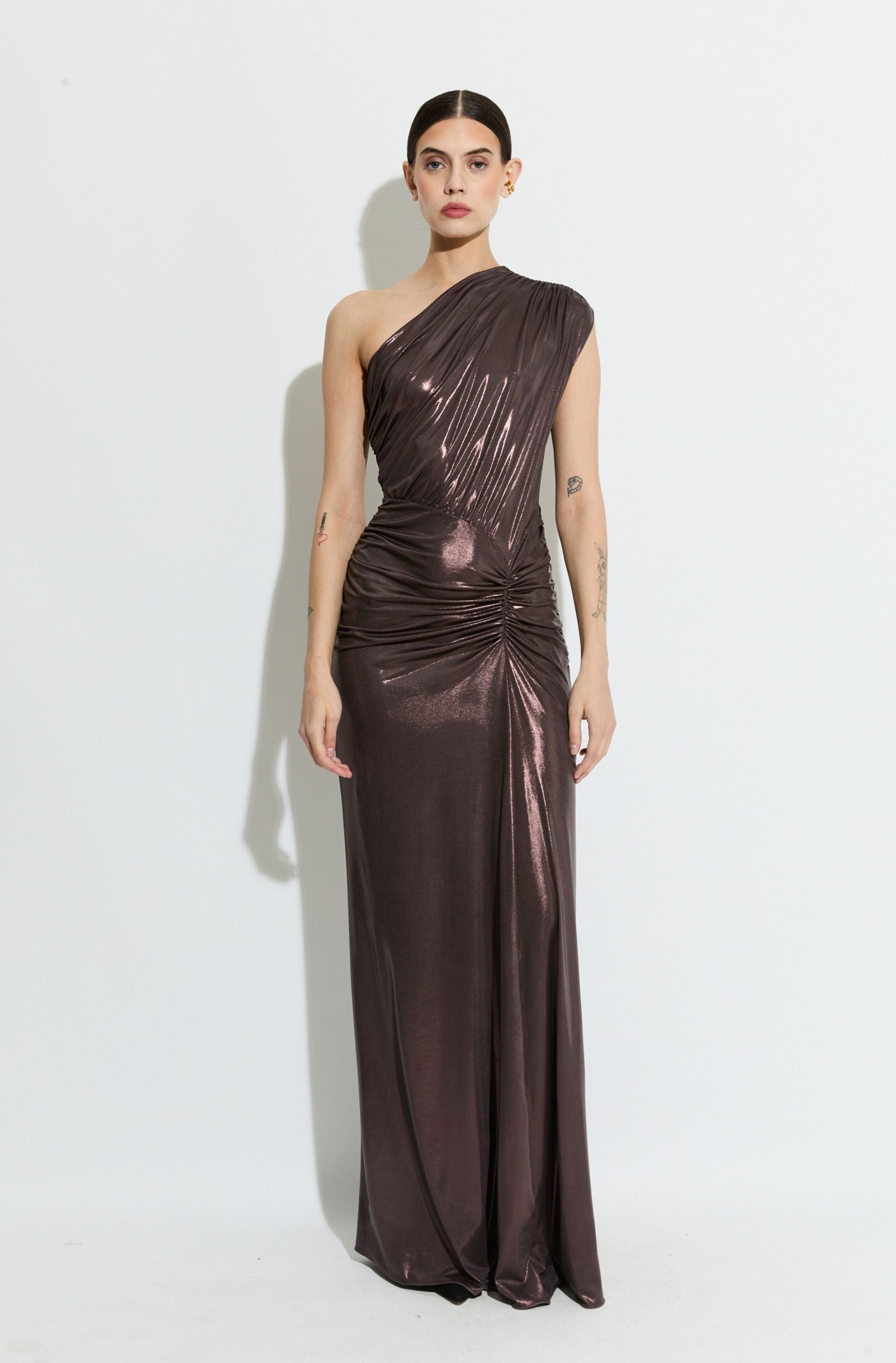 Coated Jersey One Shoulder Ruched Dress - 2