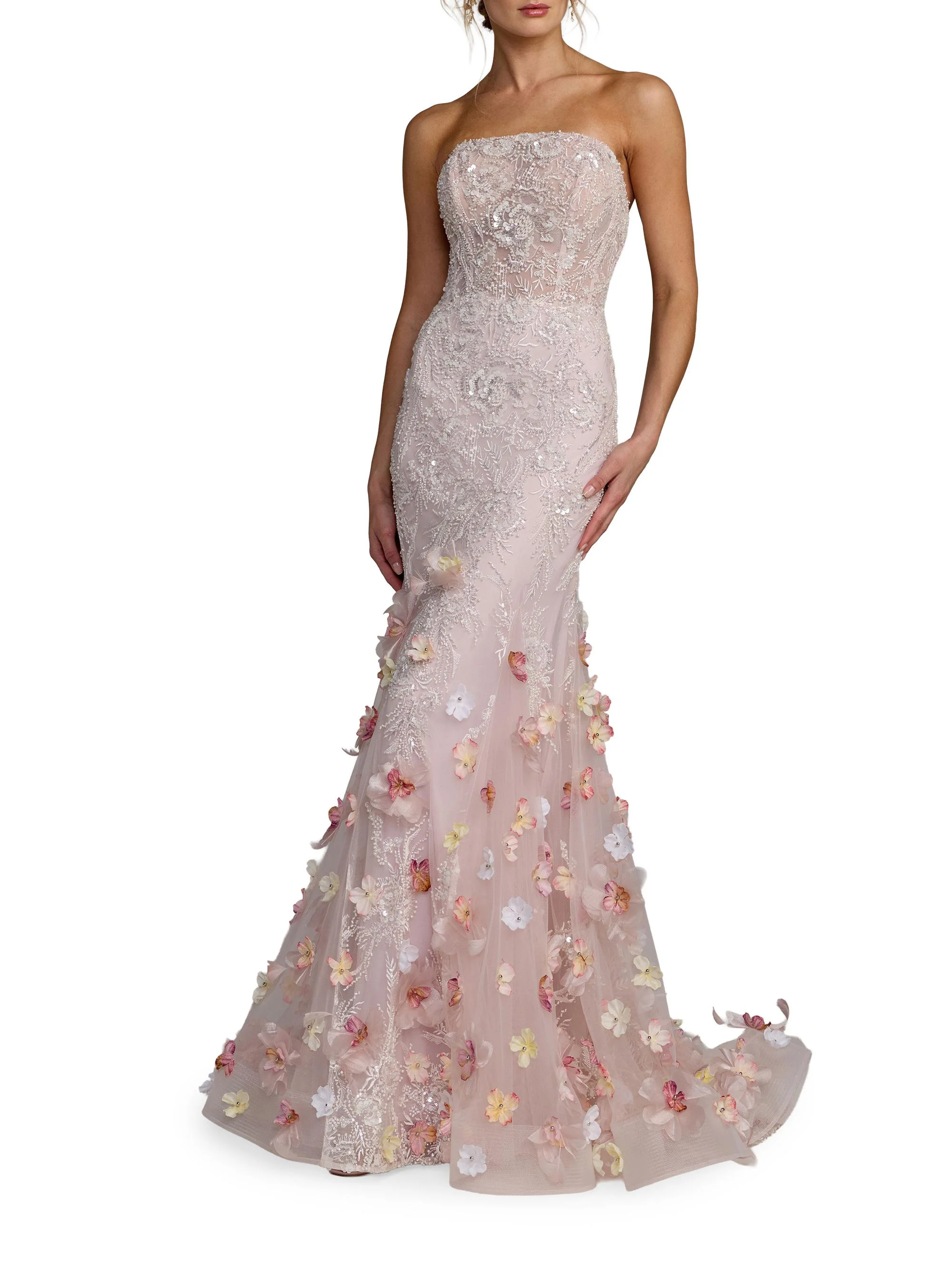 Women's Embellished Strapless Mermaid Gown - Blush Multi - 1