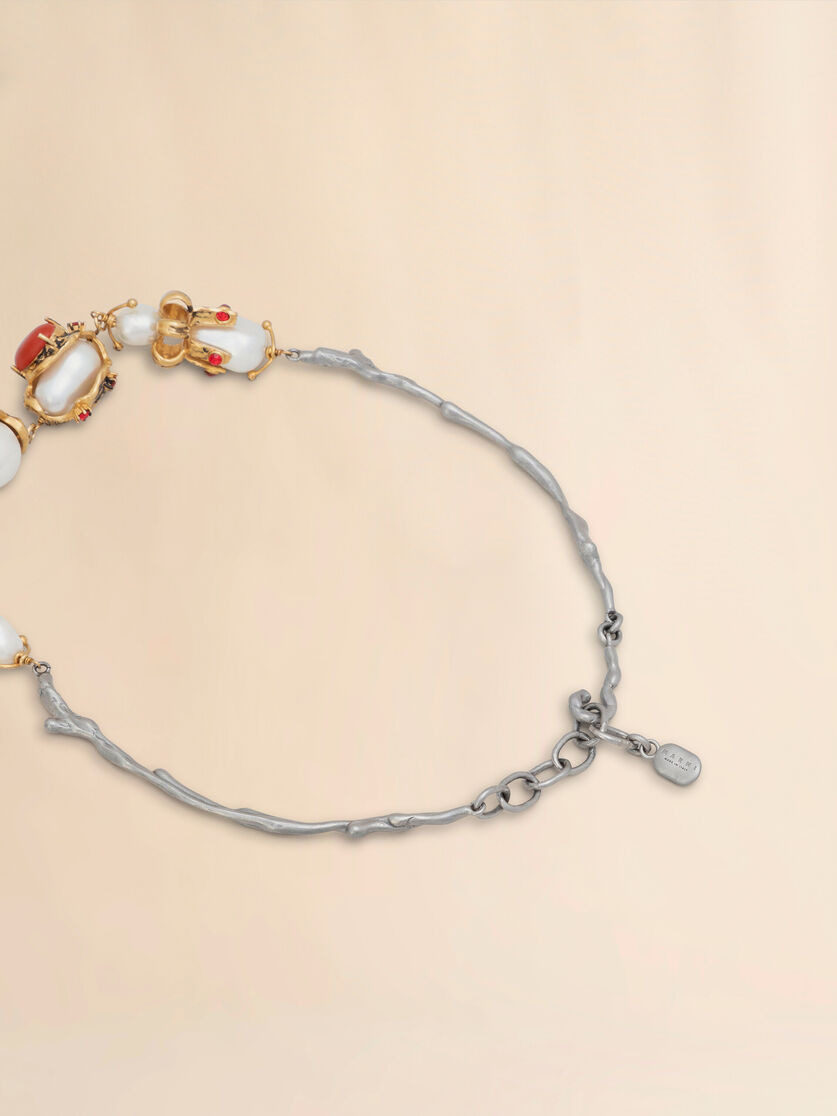 GOLD AND PALLADIUM BRANCH NECKLACE WITH ENCASED PEARL CHARMS - 4