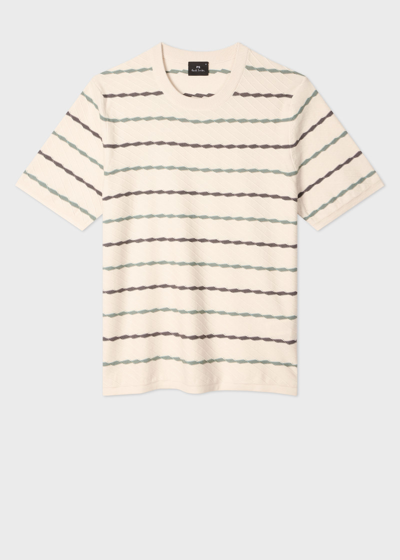Ecru Textured Stripe Knitted Cotton T-Shirt 1