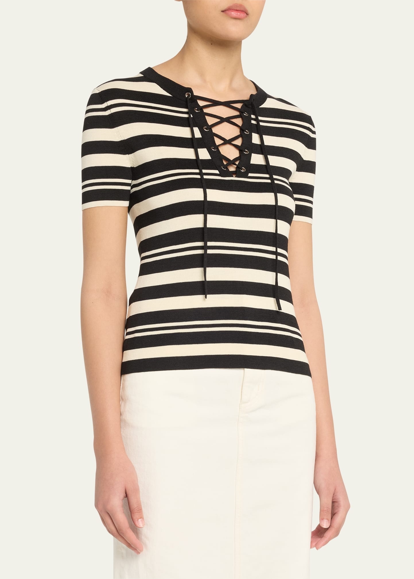 Oaklynn Stripe Lace-Up Silk T-Shirt - 4