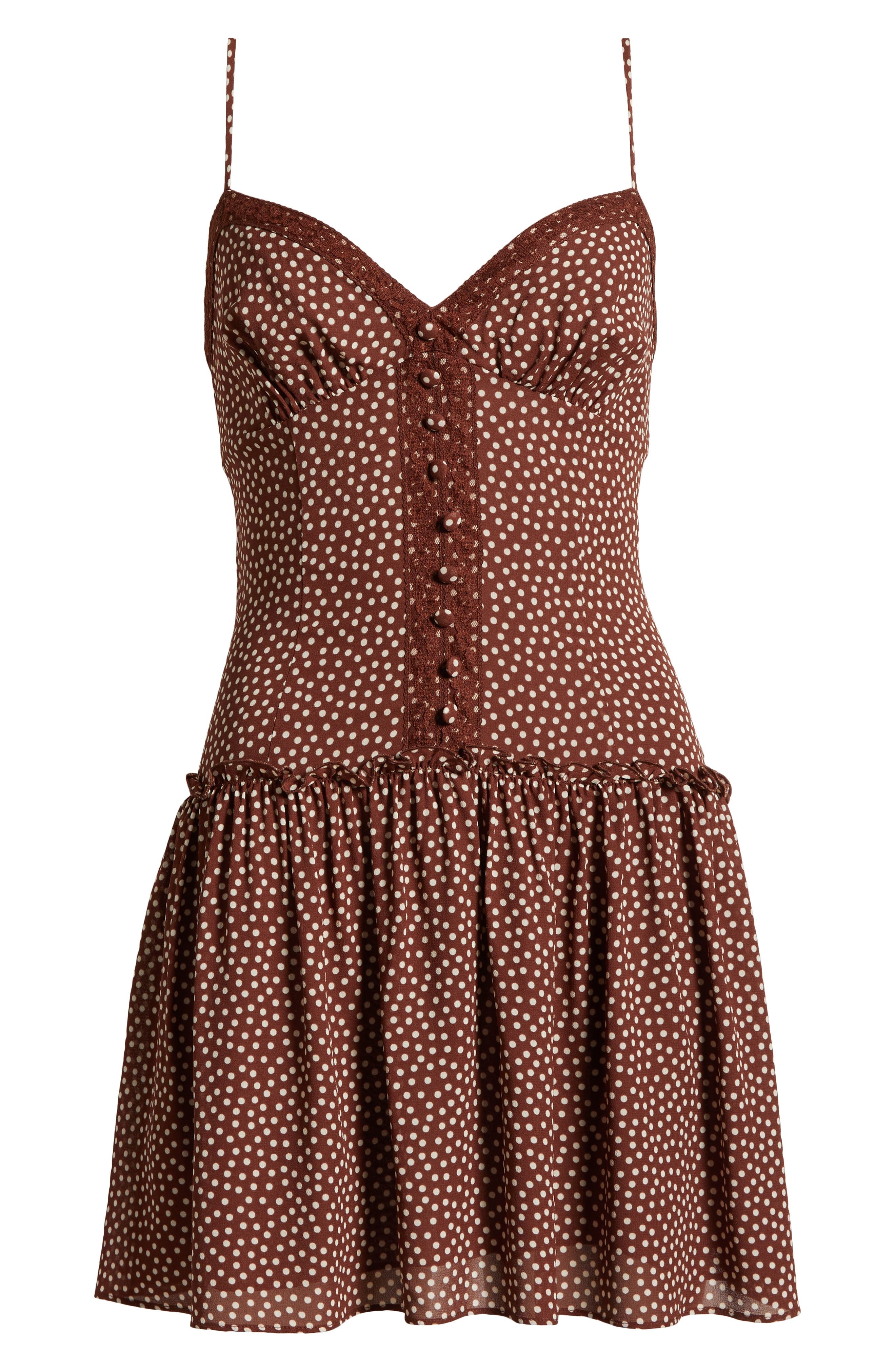 Reformation Citrus Polka Dot Lace Trim Drop Waist Sundress in Choco Dot at Nordstrom - 5