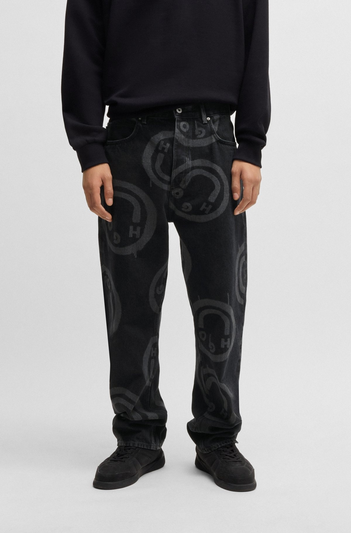BLACK BAGGY-FIT JEANS WITH HAPPY HUGO PRINT - 2