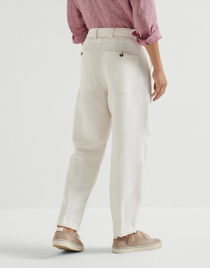 Linen and cotton drill trousers with patch pockets and drawstring 3