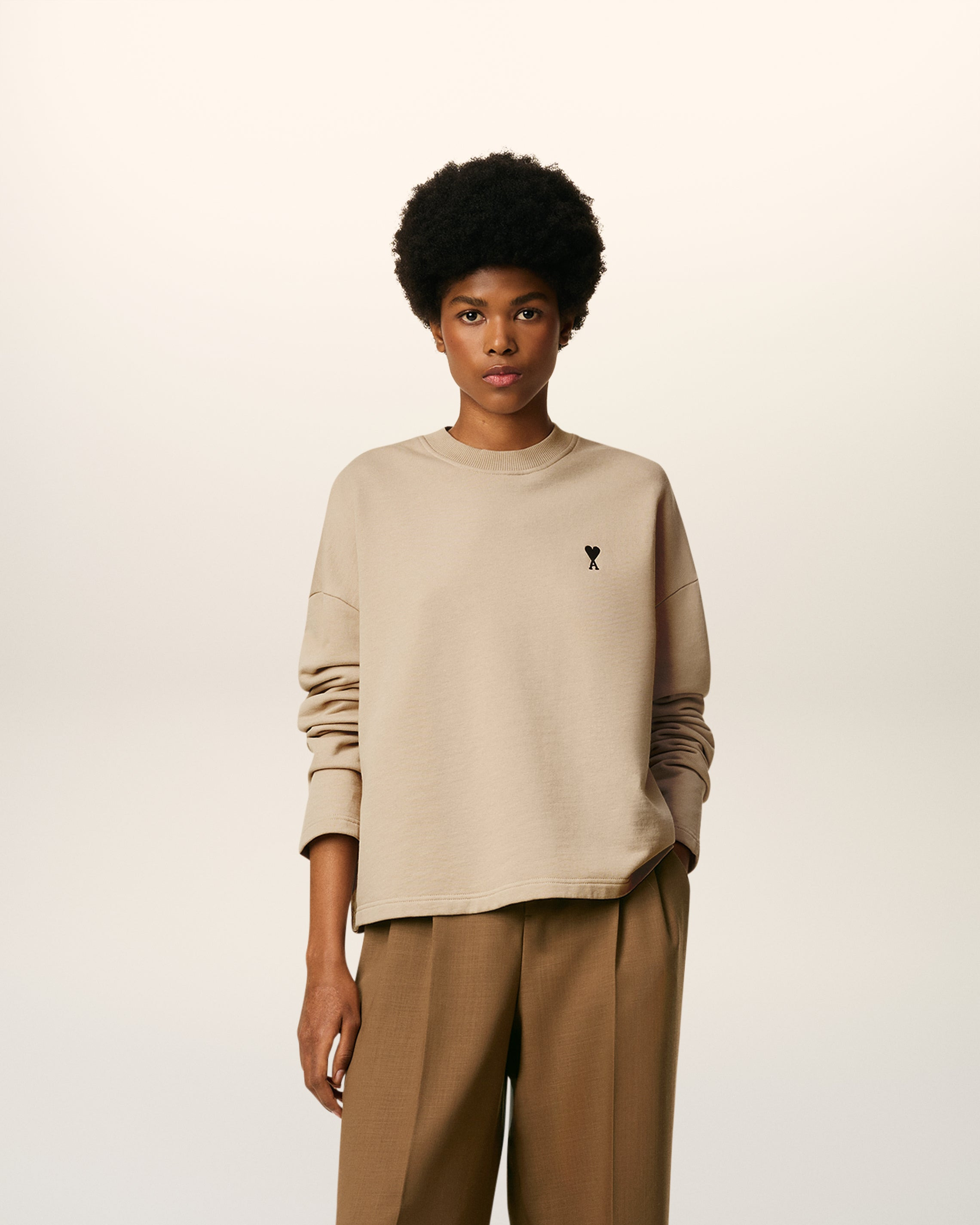 BEIGE COTTON CONTRASTED AMI DE COEUR SWEATSHIRT - 2