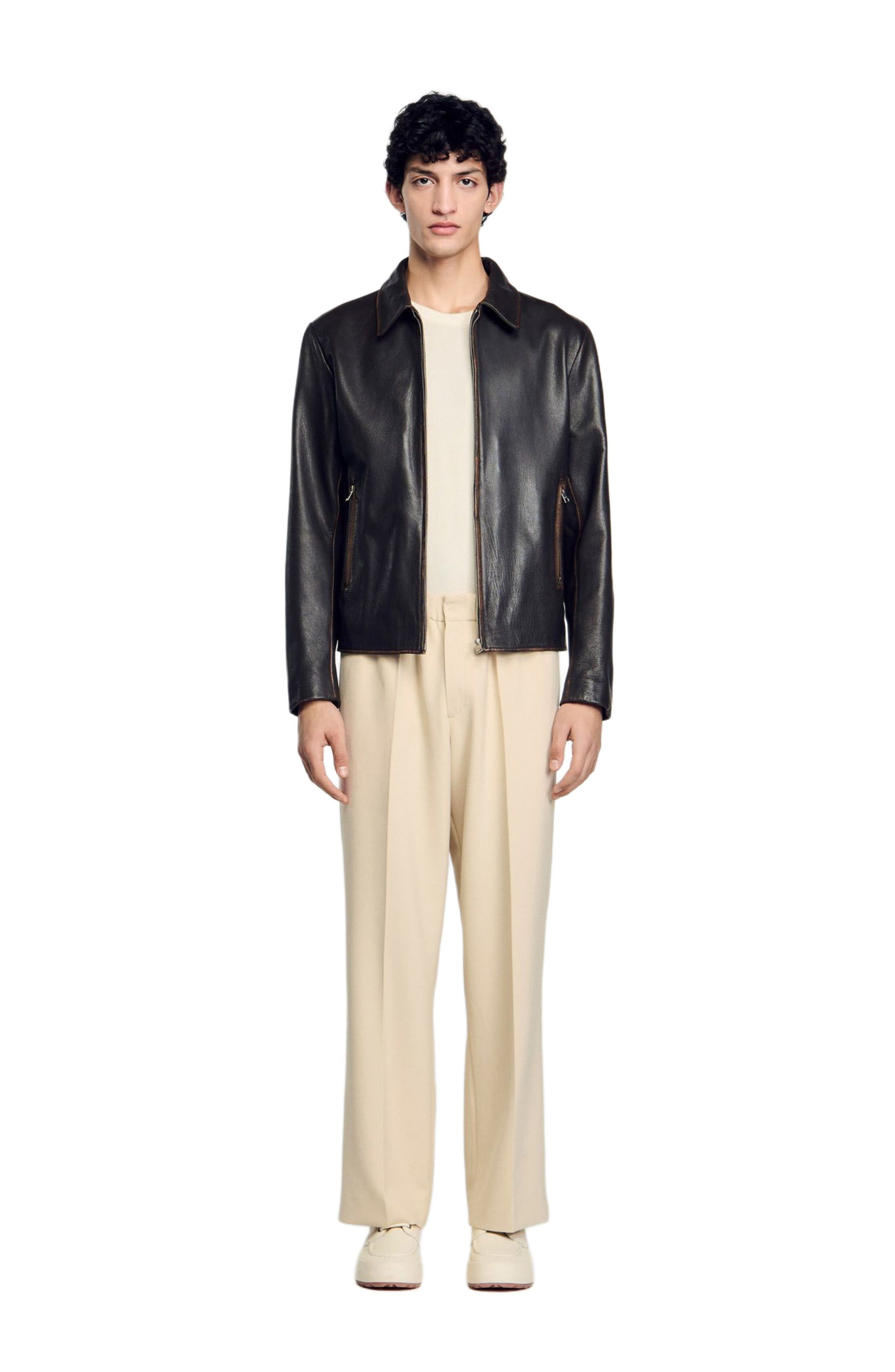 SANDRO Distressed-look leather jacket in Moka. at Nordstrom - 1