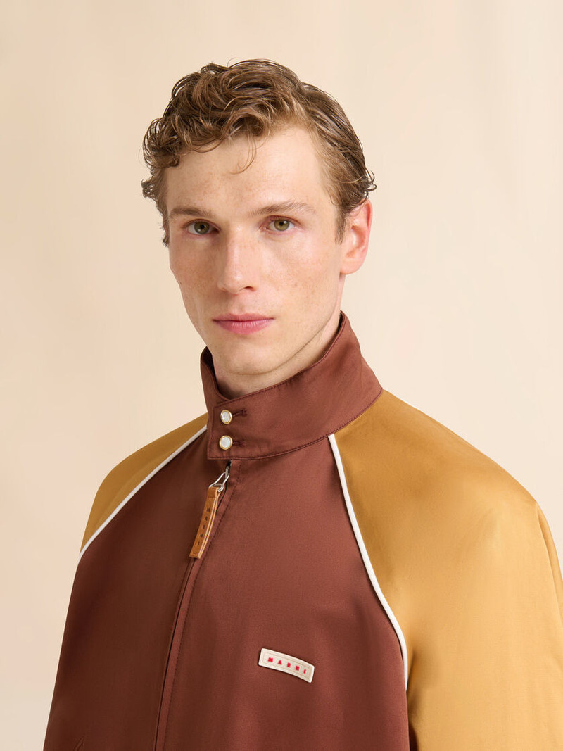 BROWN WATER-REPELLENT GABARDINE COLOUR-BLOCK BOMBER JACKET 4