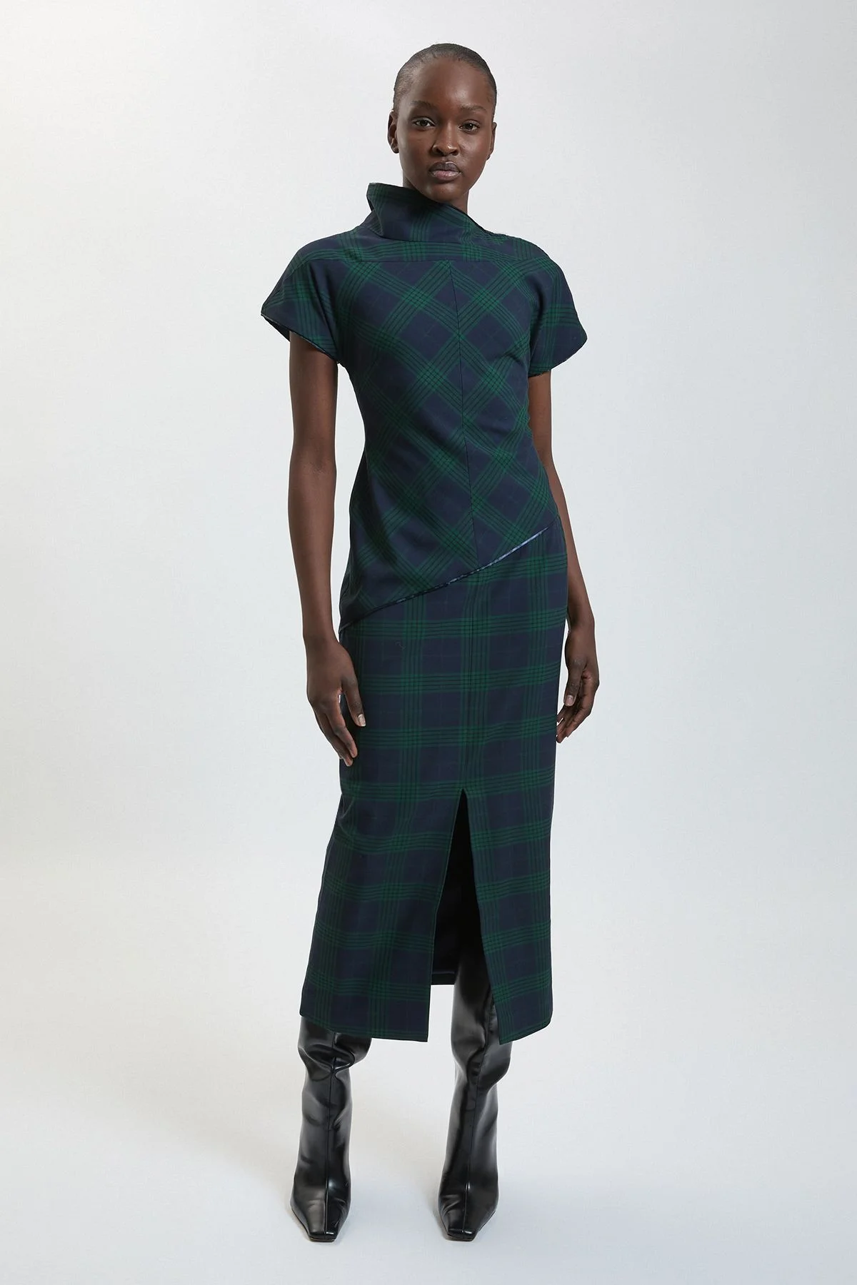 Tartan Check Asymmetric Pencil Dress - 1