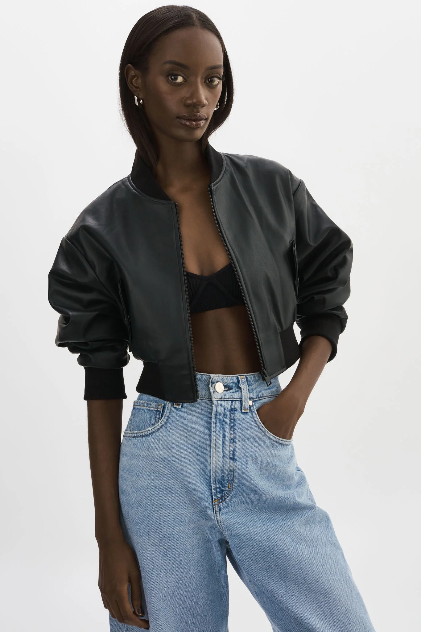 EVELIN | Cropped Faux Leather Bomber Jacket - 1