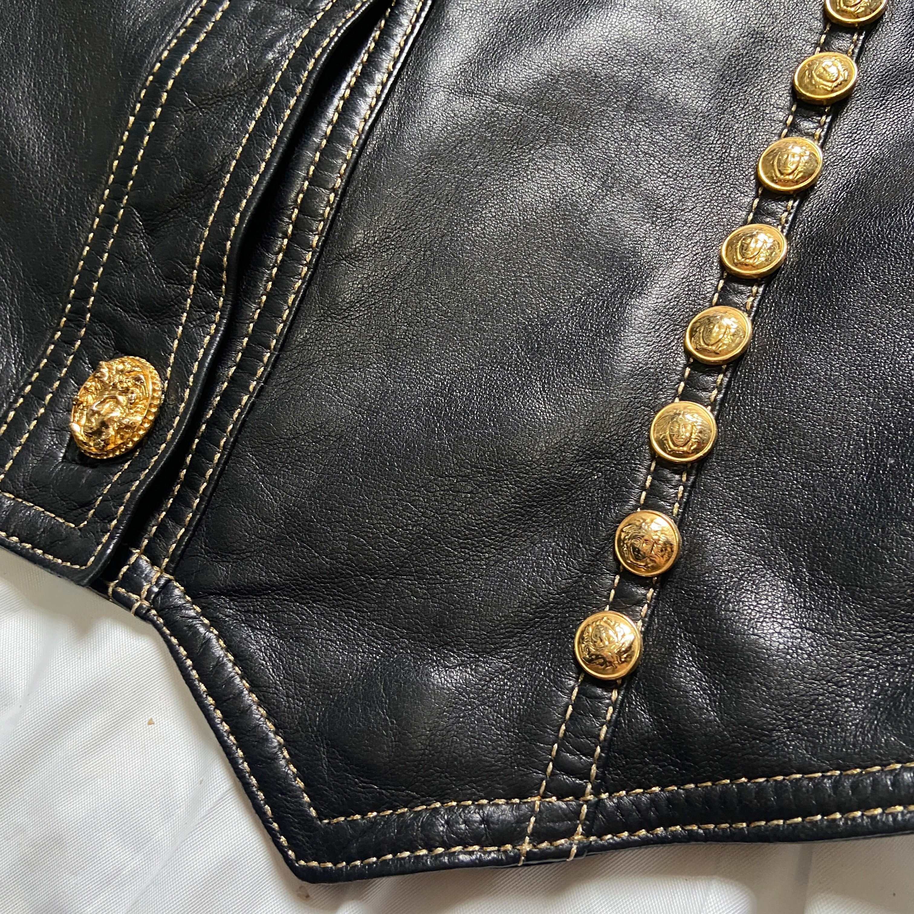Gianni Versace Fall 1992 Midnight Cowgirl Lambskin Leather Vest with Mongolian Hair Collar and Gold  - 13