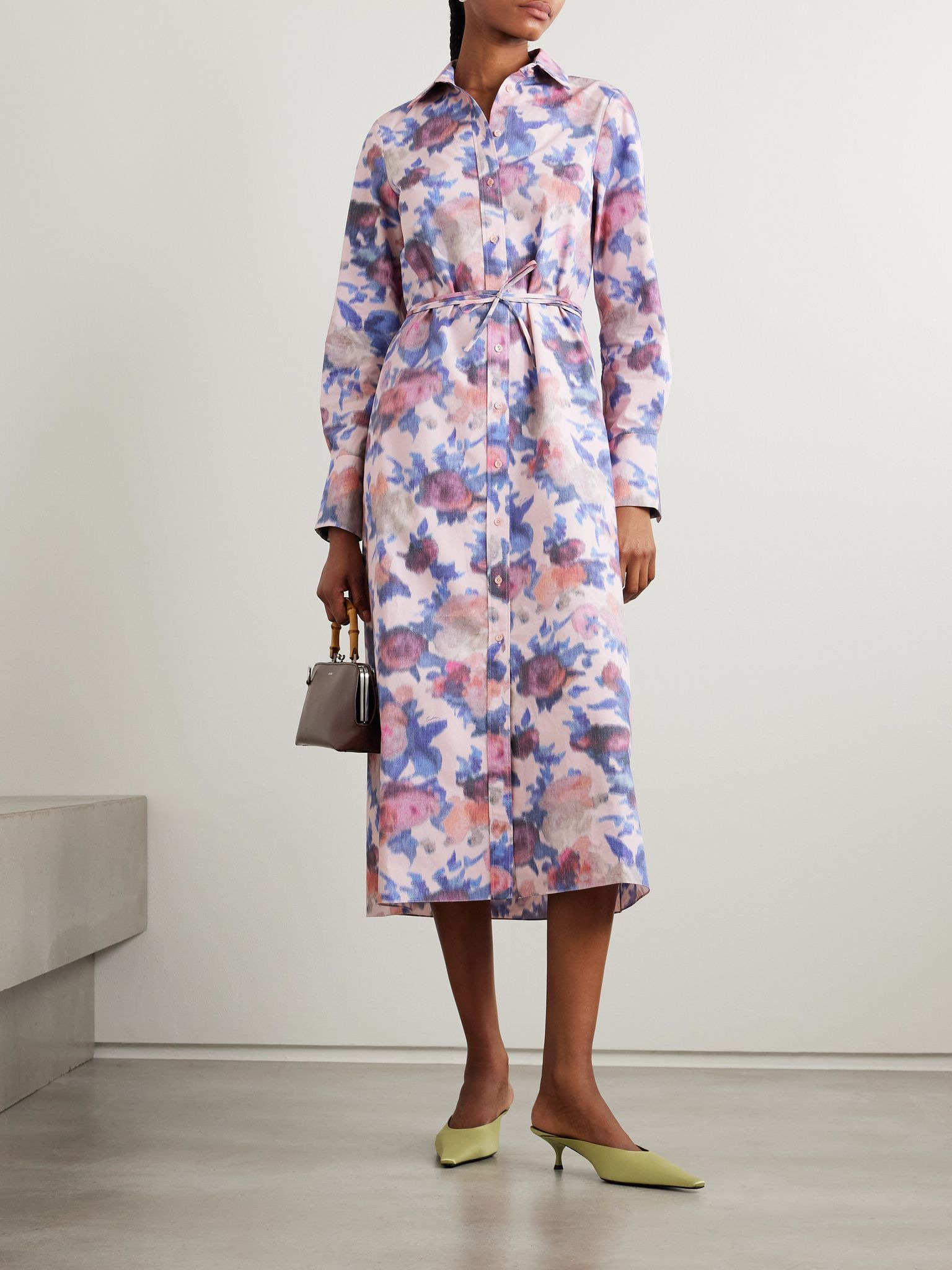 Belted floral-print cotton-poplin midi shirt dress Pink - 2