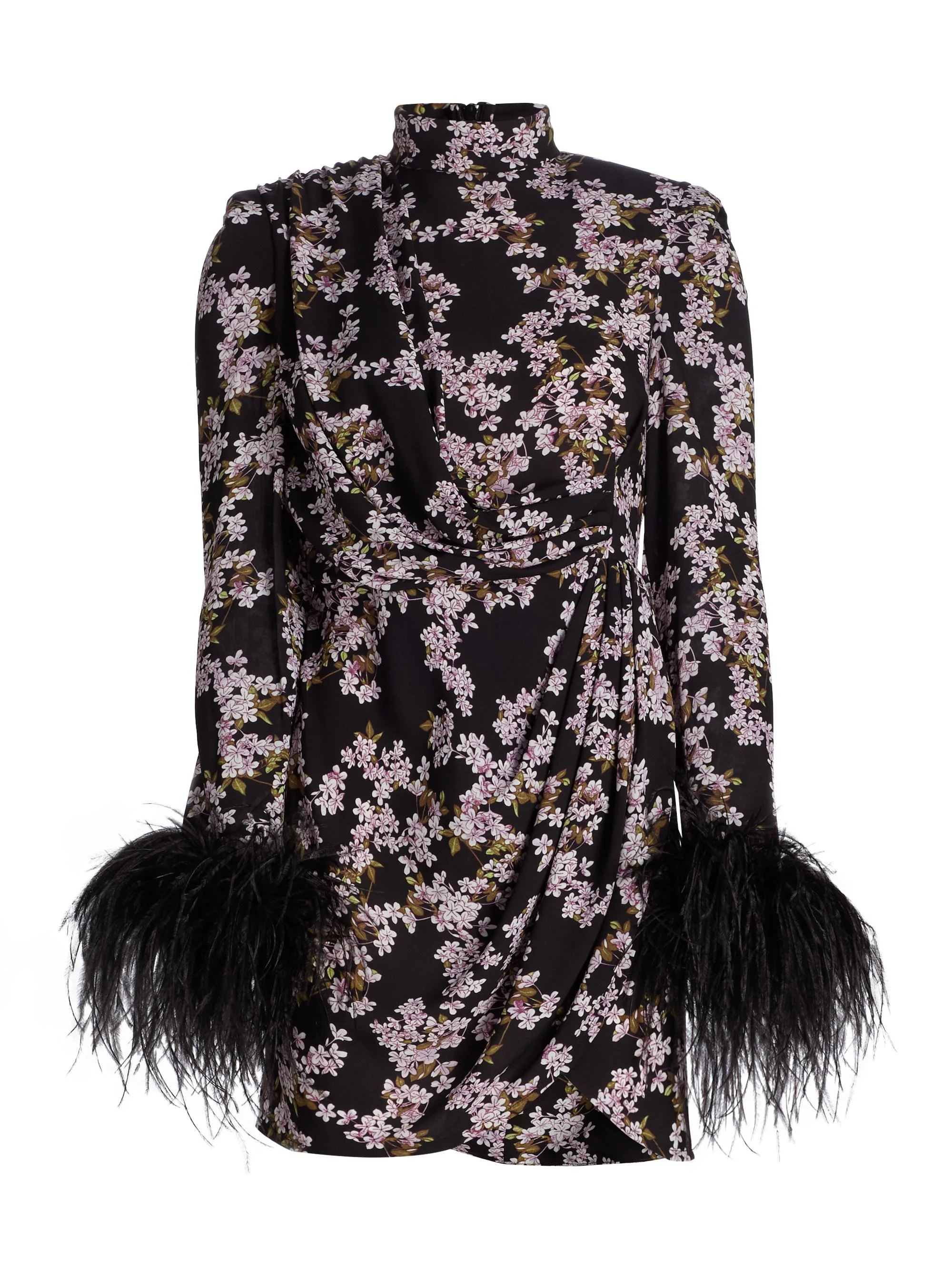 Women's Nadine Floral Feather-Cuff Minidress - Black Multi - 1
