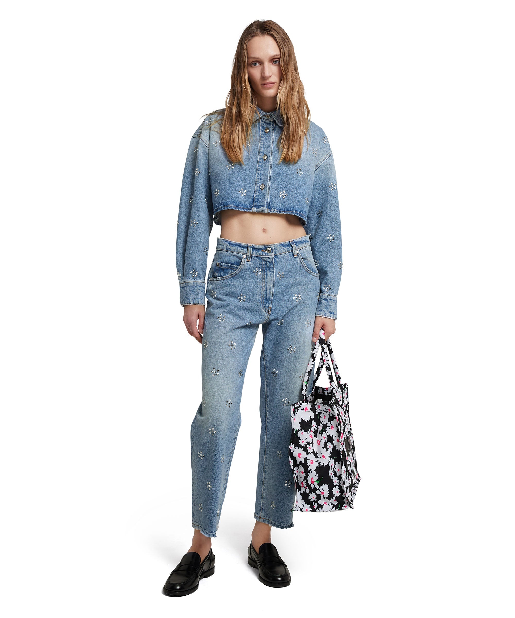 Blue denim  crop shirt with rhinestone daisy application - 5