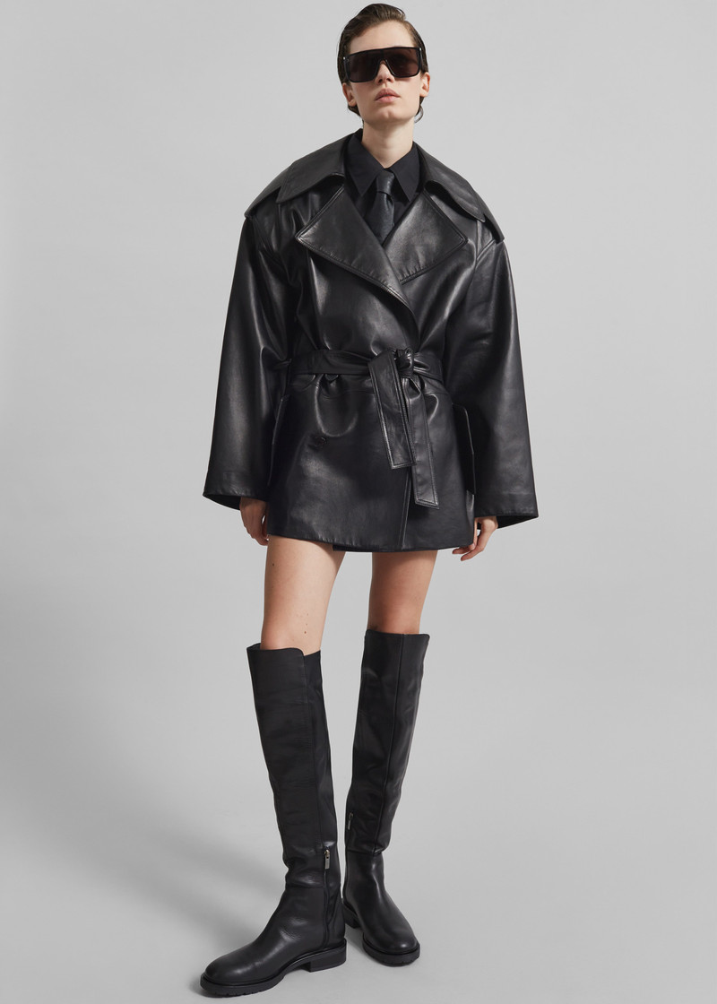 Zurich Oversized Faux Leather Short Trench - Black 4