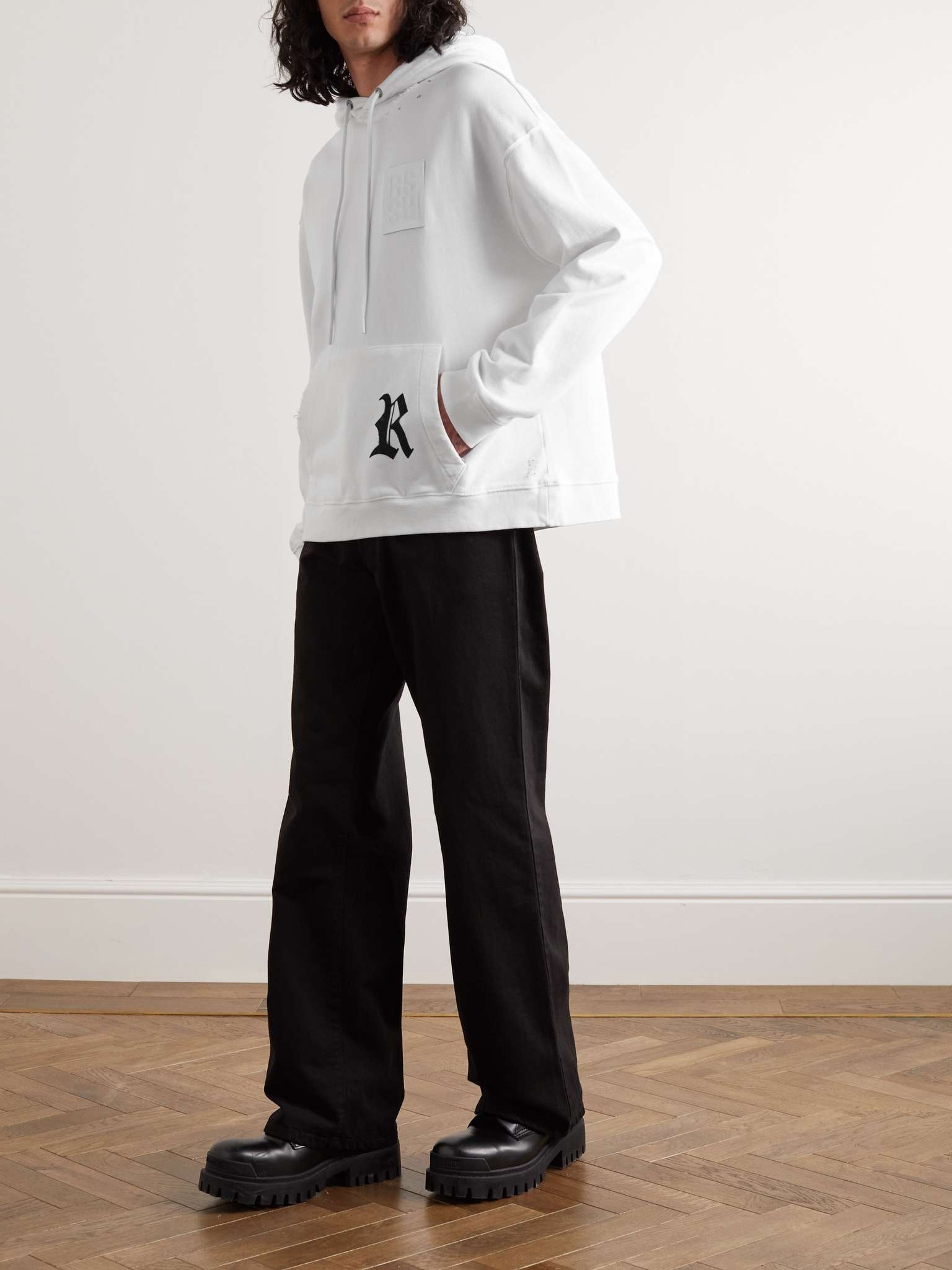 Leather-Trimmed Distressed Logo-Print Cotton-Jersey Hoodie - 2