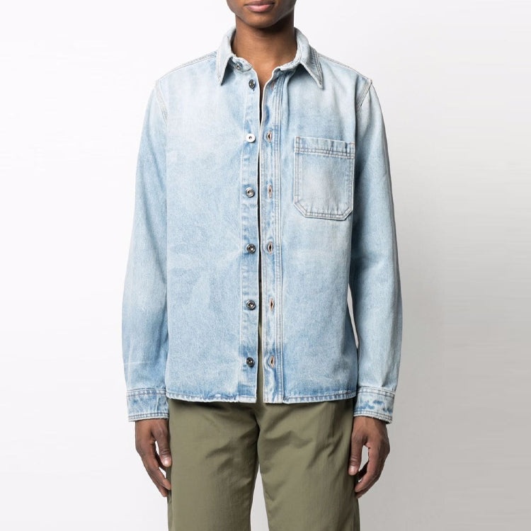 Men's Off-White SS21 Lapel Buckle Long Sleeves Blue Shirt OMYD027F21DEN0034001 - 2