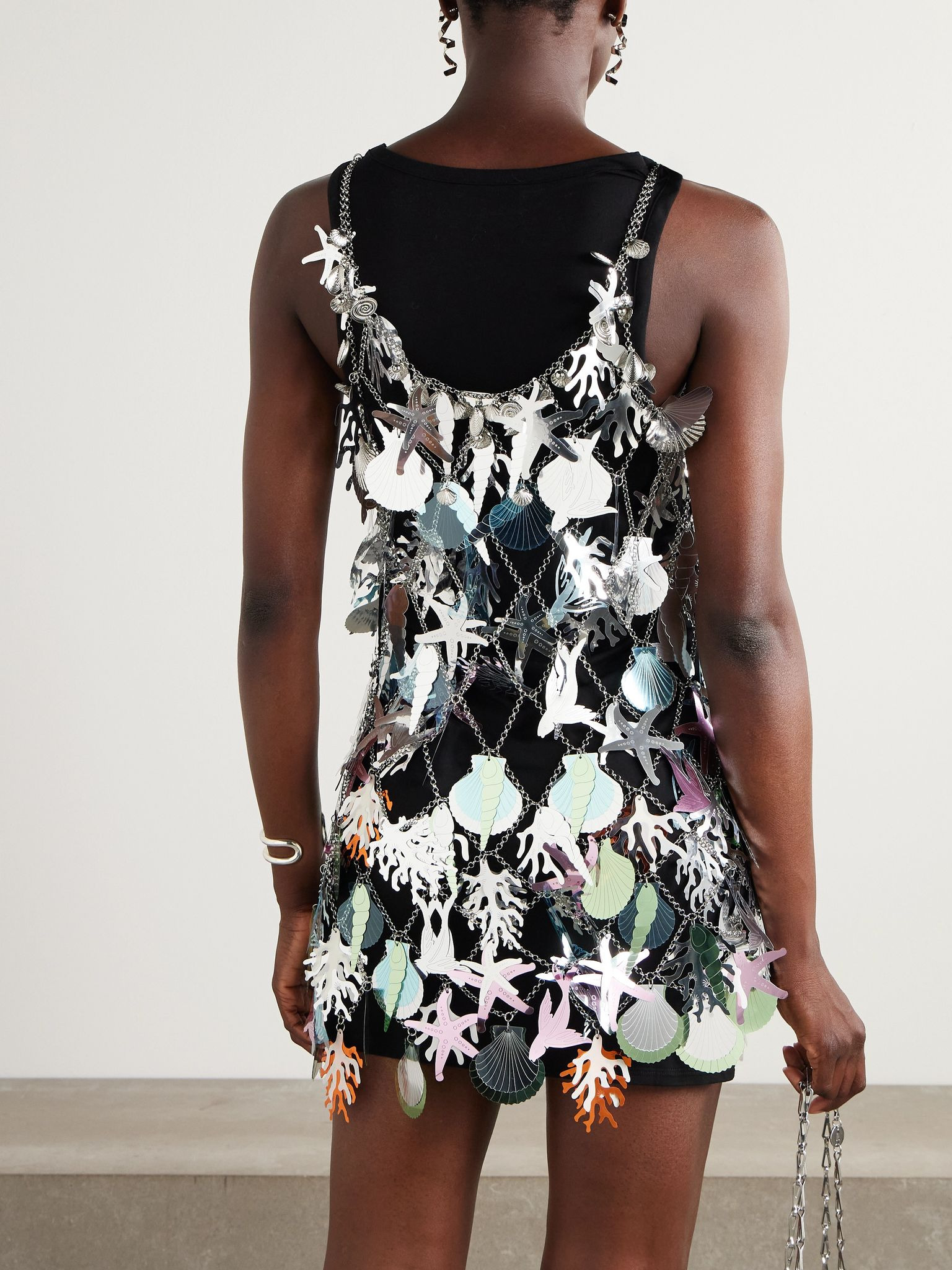 Layered embellished chainmail and jersey mini dress Silver - 3