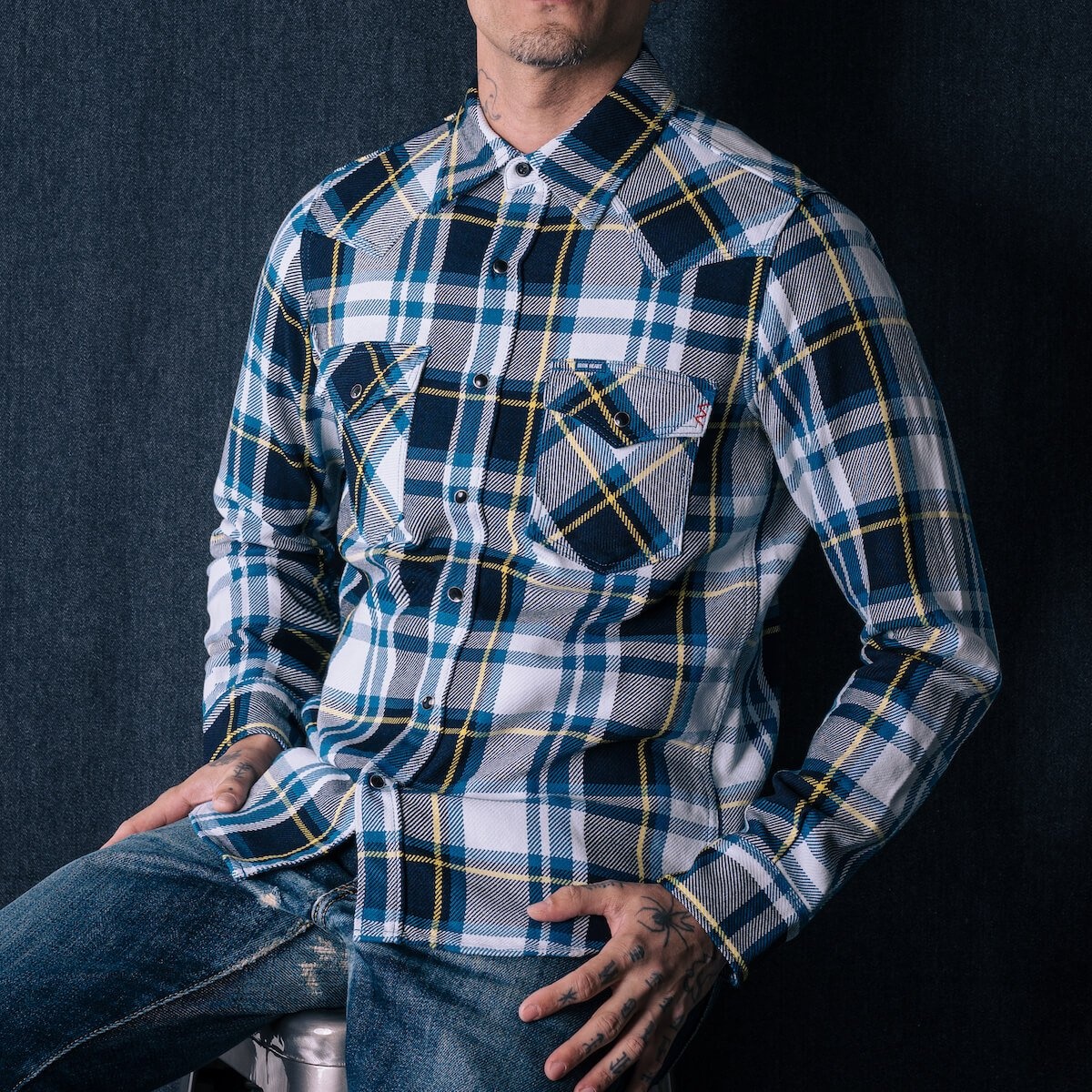 IHSH-390-BLU 9oz Selvedge American Check Western Shirt - Blue - 5