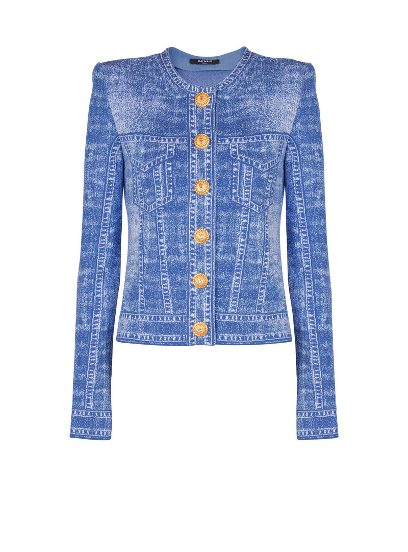 Jacquard knit cardigan with denim effect - 1