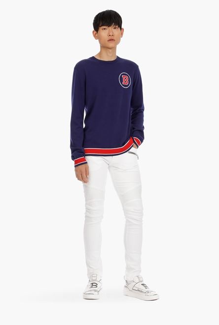 Navy blue cotton sweater with embroidered red and white Balmain logo - 2