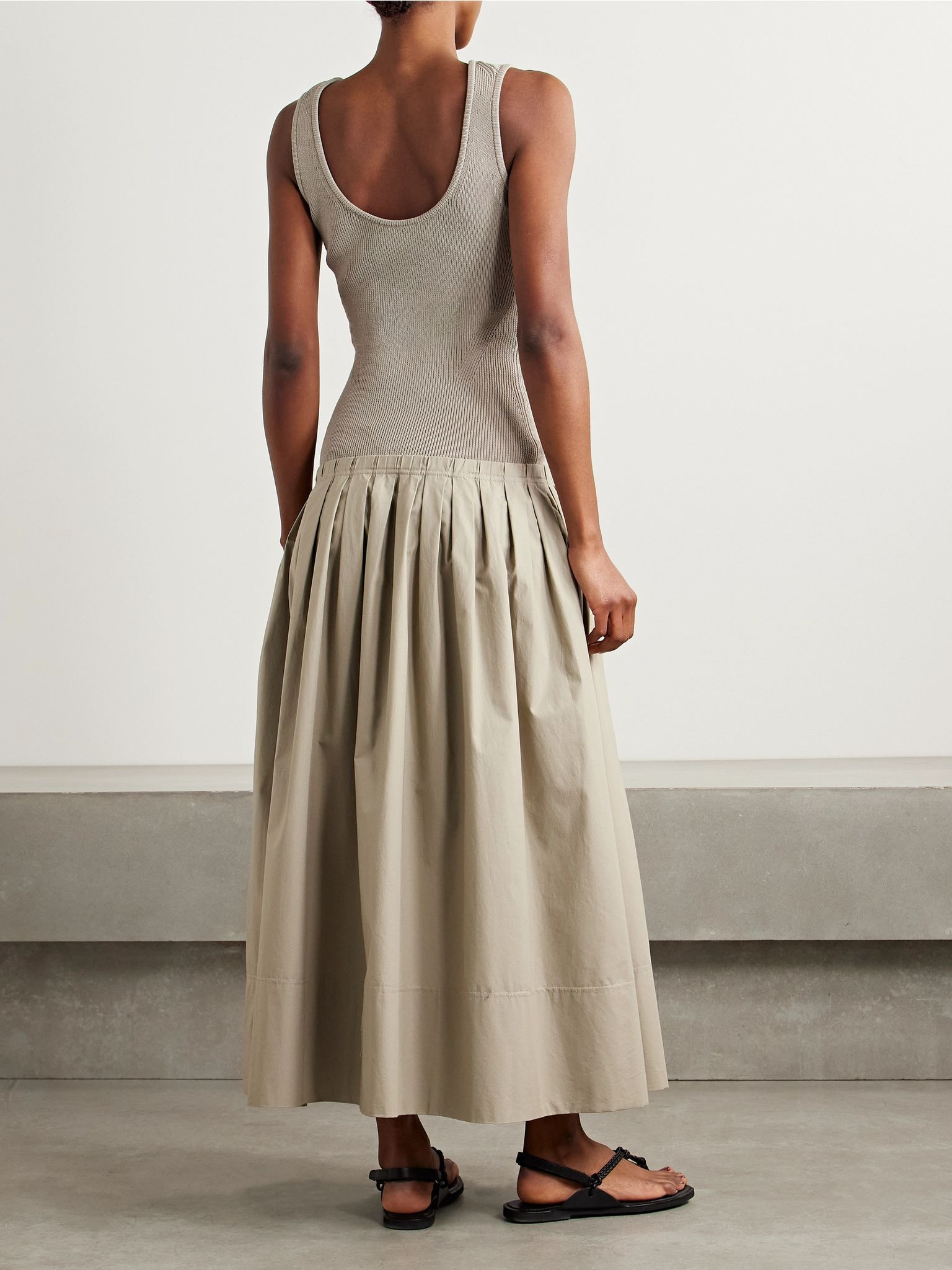 Gene pointelle-knit silk and cotton-blend and pleated cotton-poplin midi dress Taupe - 3