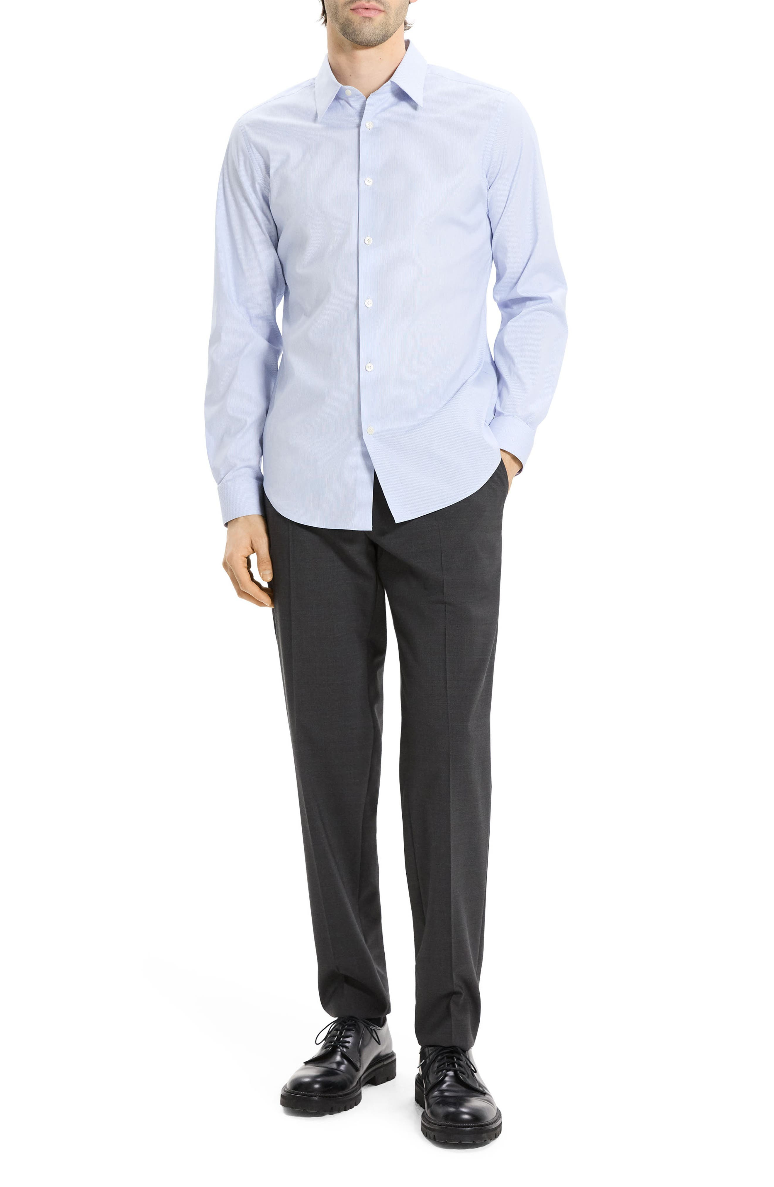 Theory Sylvian Pinstripe Stretch Cotton & Nylon Button-Up Shirt in Blue Multi - 6
