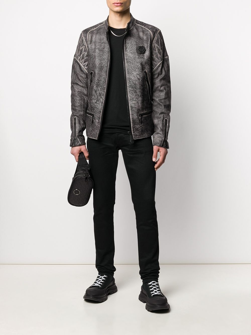 embossed skull moto jacket - 2