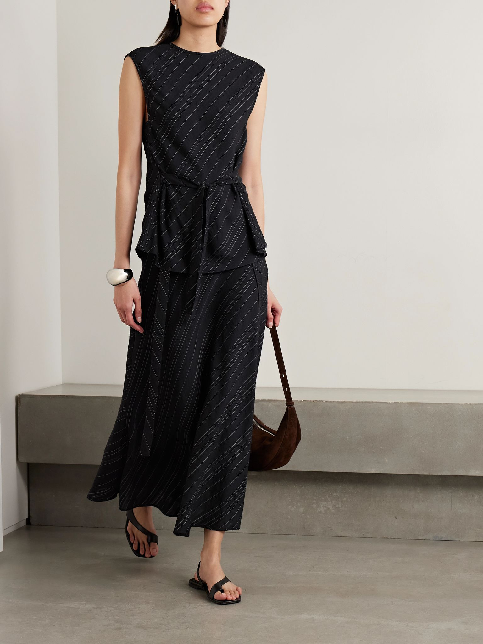 Kaia belted striped voile midi skirt Black - 2