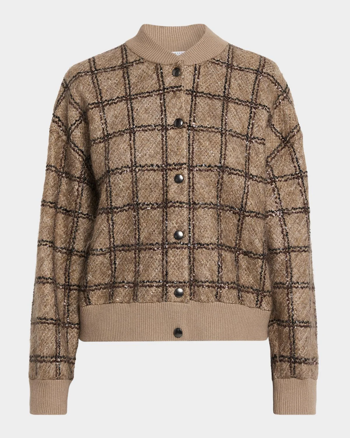 Paillette Check Mohair Knit Bomber Cardigan - 1