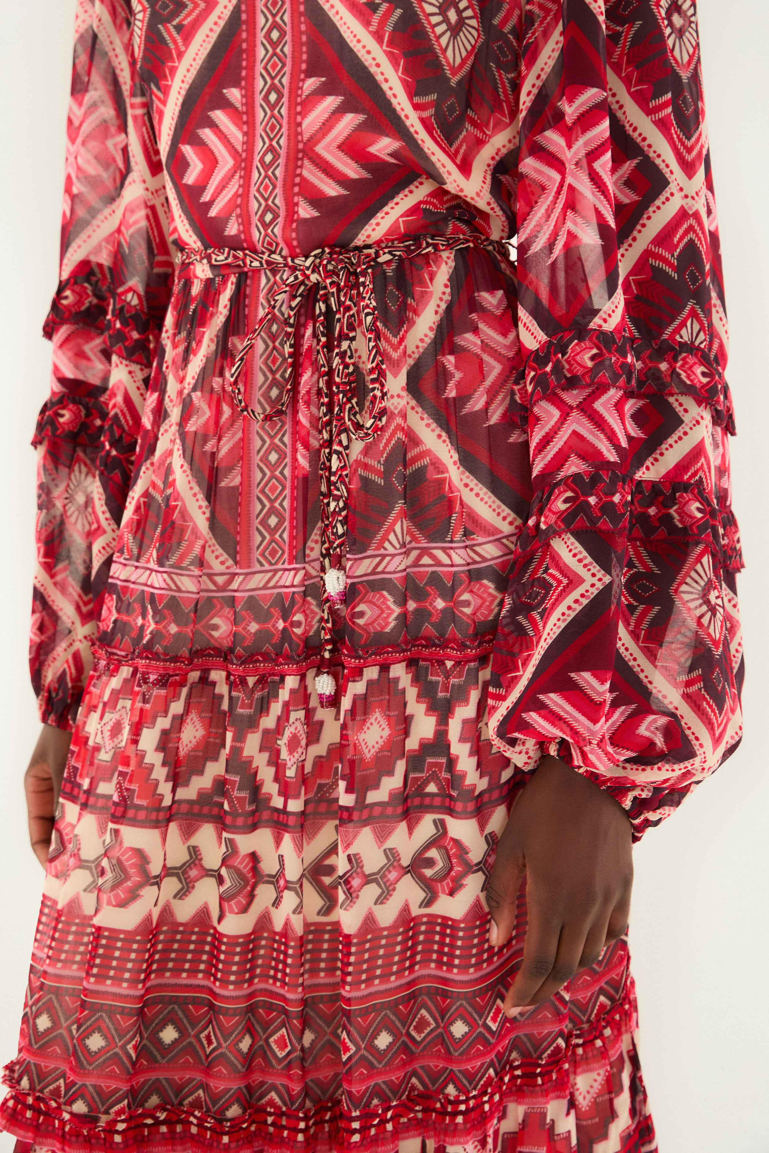 Red Graphic Ainika Belted Tiered Maxi Dress - 3