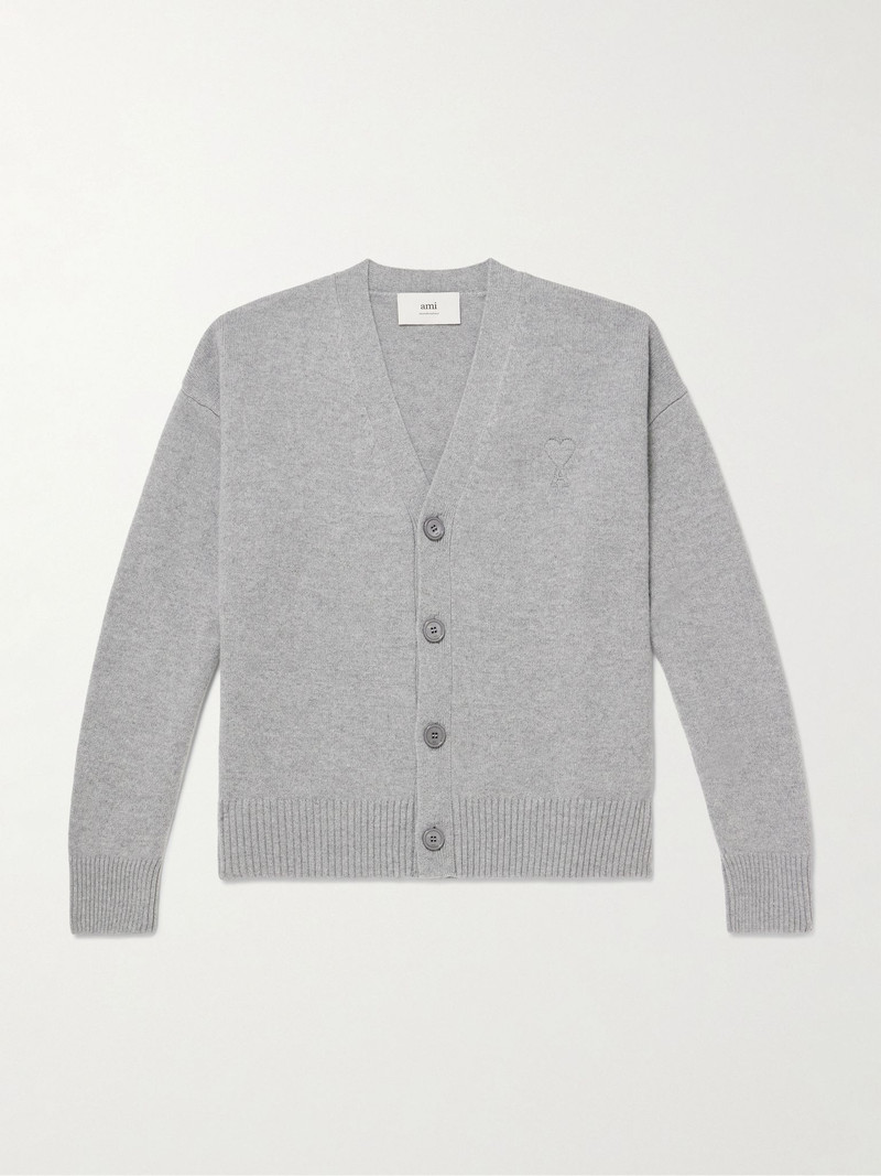 Logo-Embroidered Wool and Cashmere-Blend Cardigan Gray 1