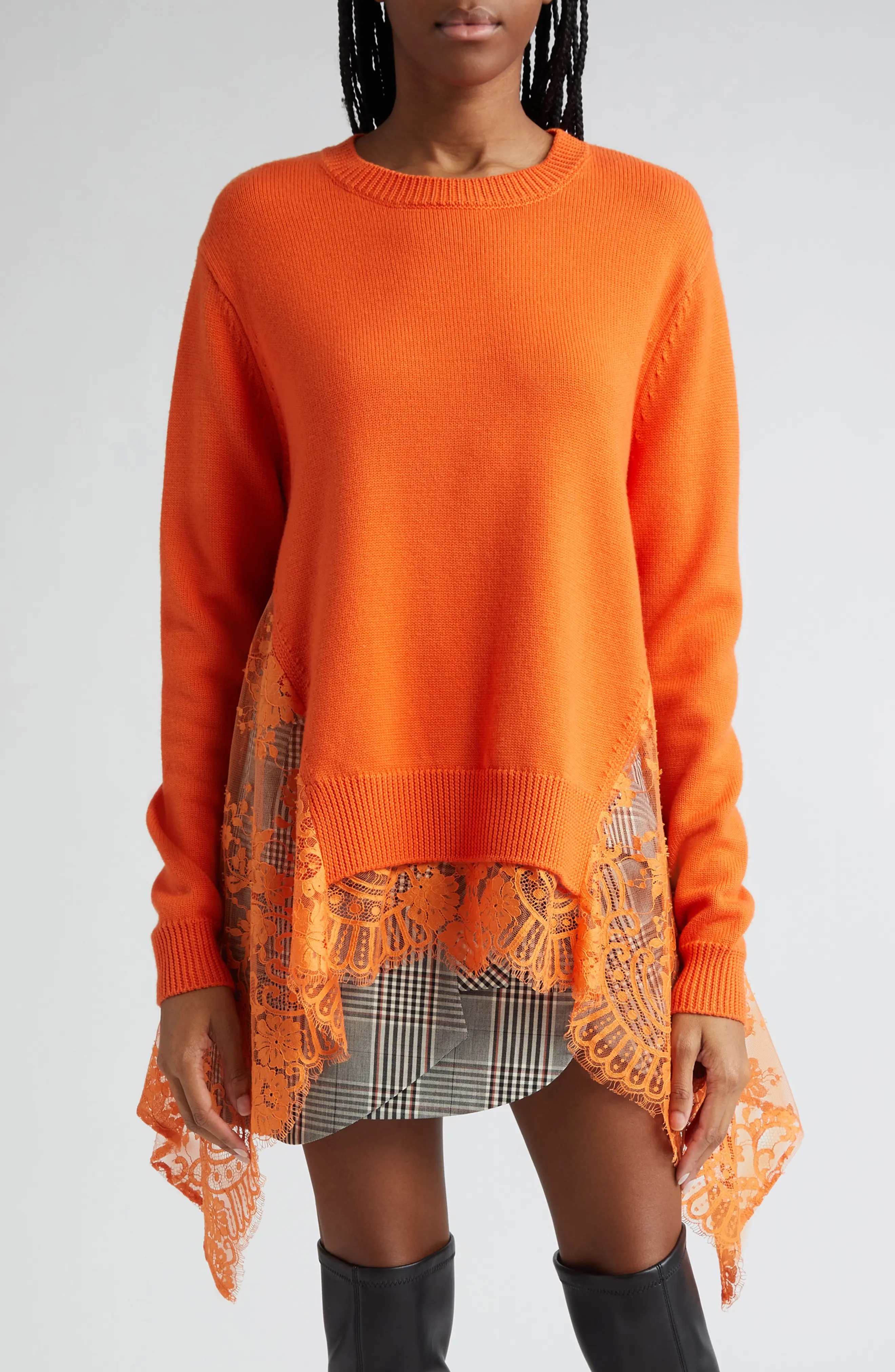 Lace Inset Crewneck Sweater - 1