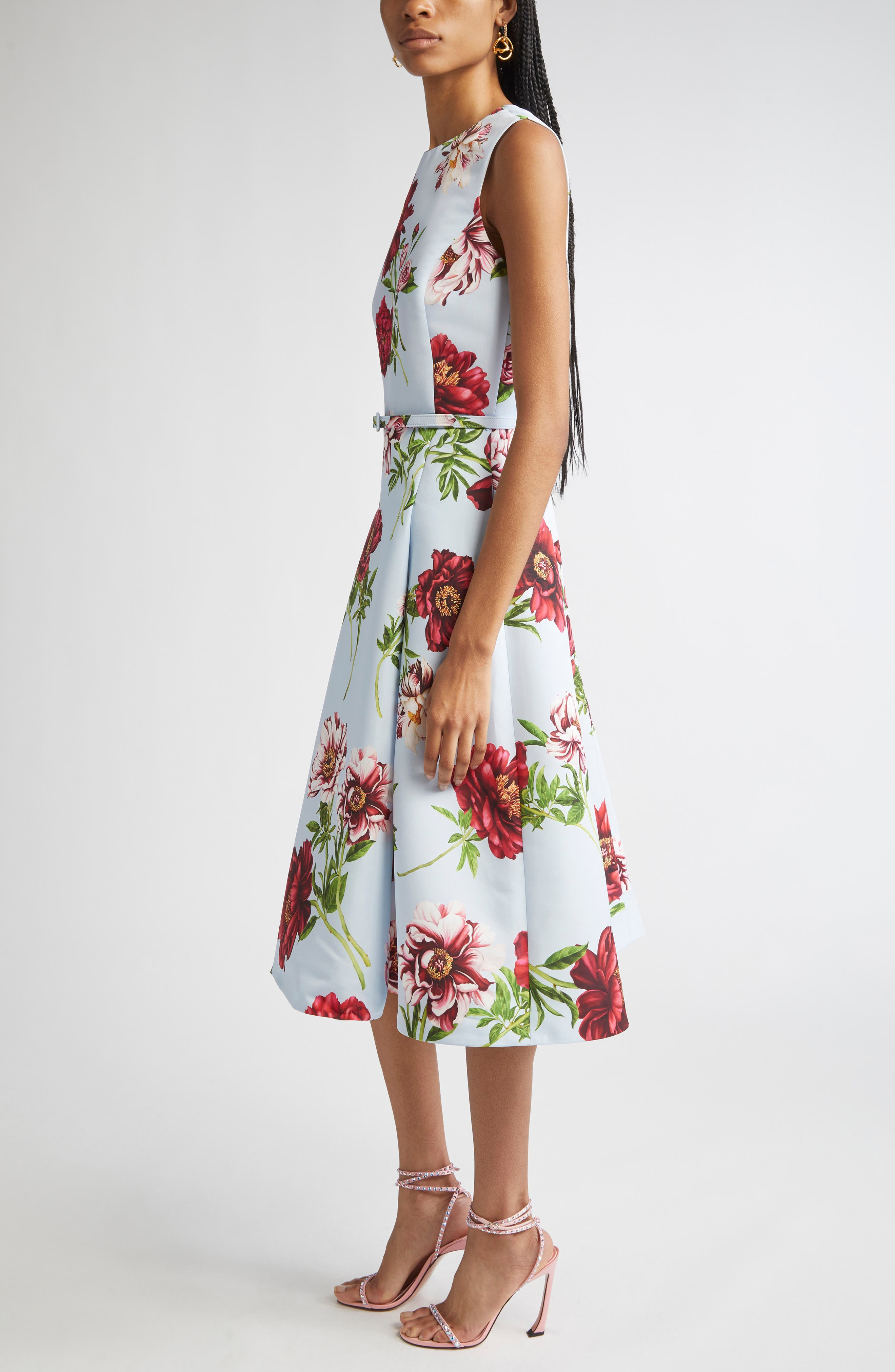Oscar de la Renta Peony Print Sleeveless Faille Fit & Flare Dress in Blue Quartz Multi at Nordstrom - 3