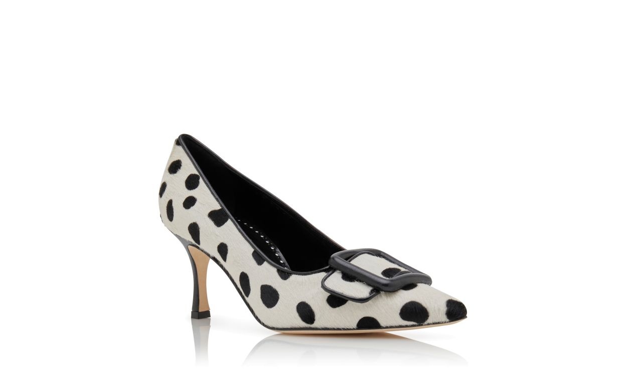 White and Black Calf Hair Buckle Detail Pumps - 3