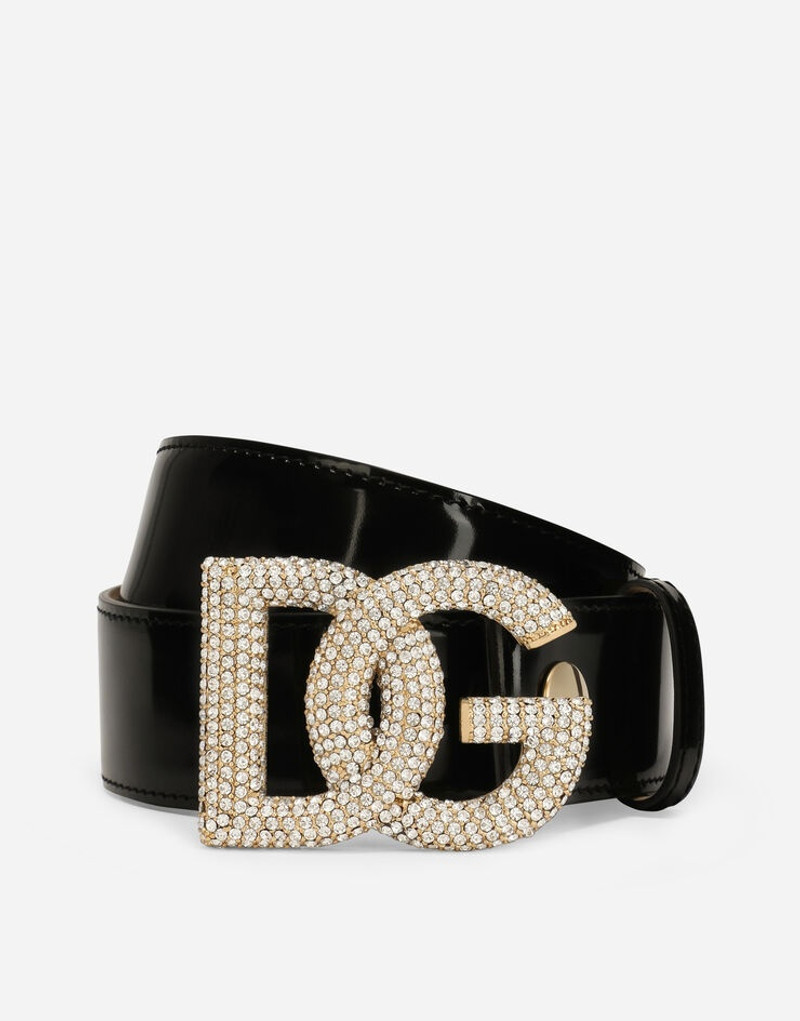 Polished calfskin belt with crystal DG logo 1