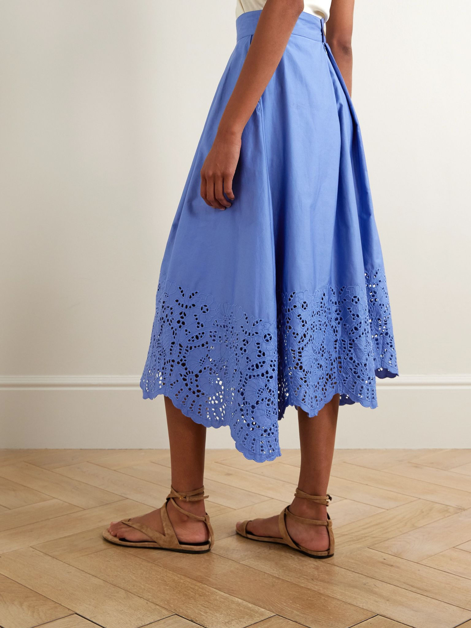 Wynona pleated broderie anglaise cotton-poplin midi skirt Blue - 4