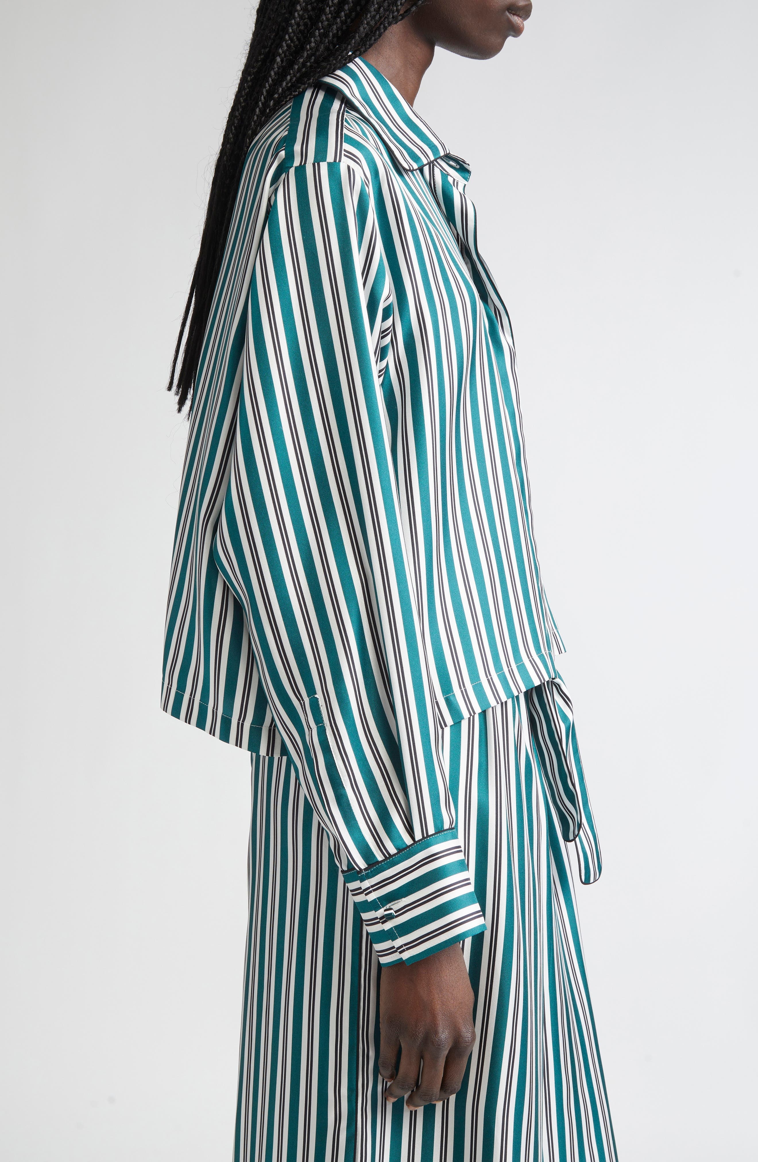 Max Mara Brama Stripe Crop Silk Button-Up Shirt in Dark Green at Nordstrom - 4