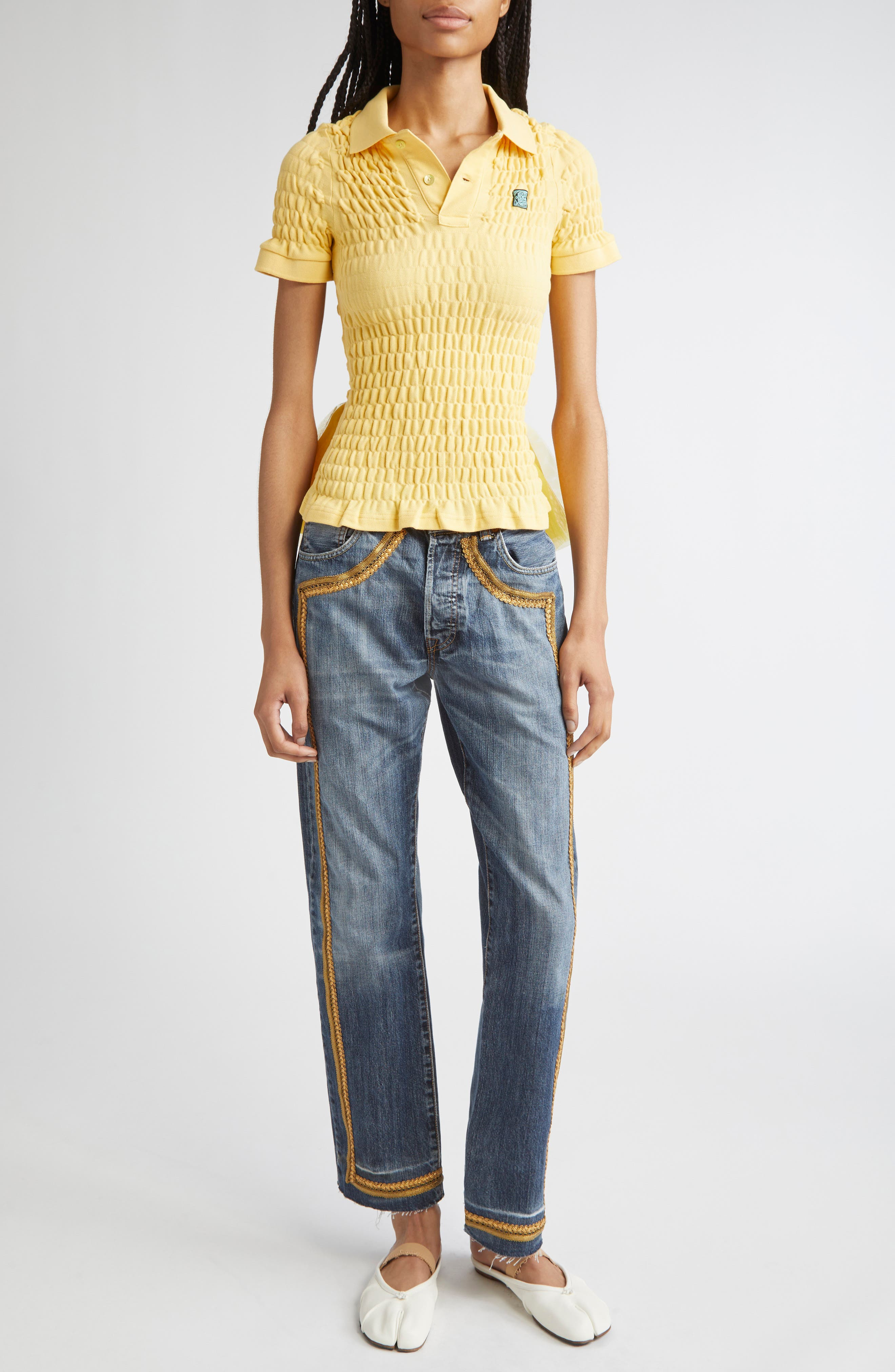 CONNER IVES Shirred Organic Cotton Piqué Bustle Polo in Yellow at Nordstrom - 2
