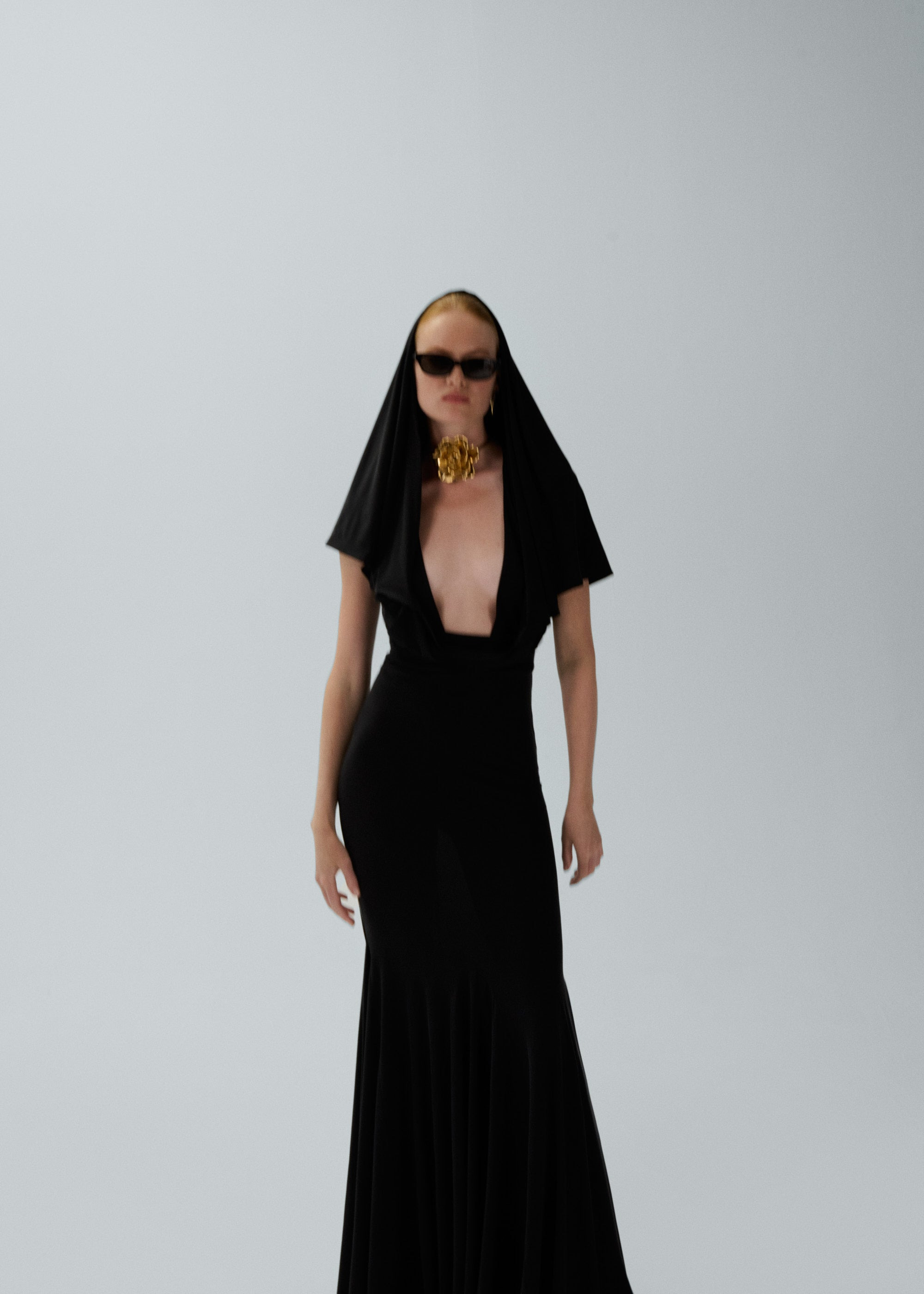 Hooded plunge maxi dress in black - 4