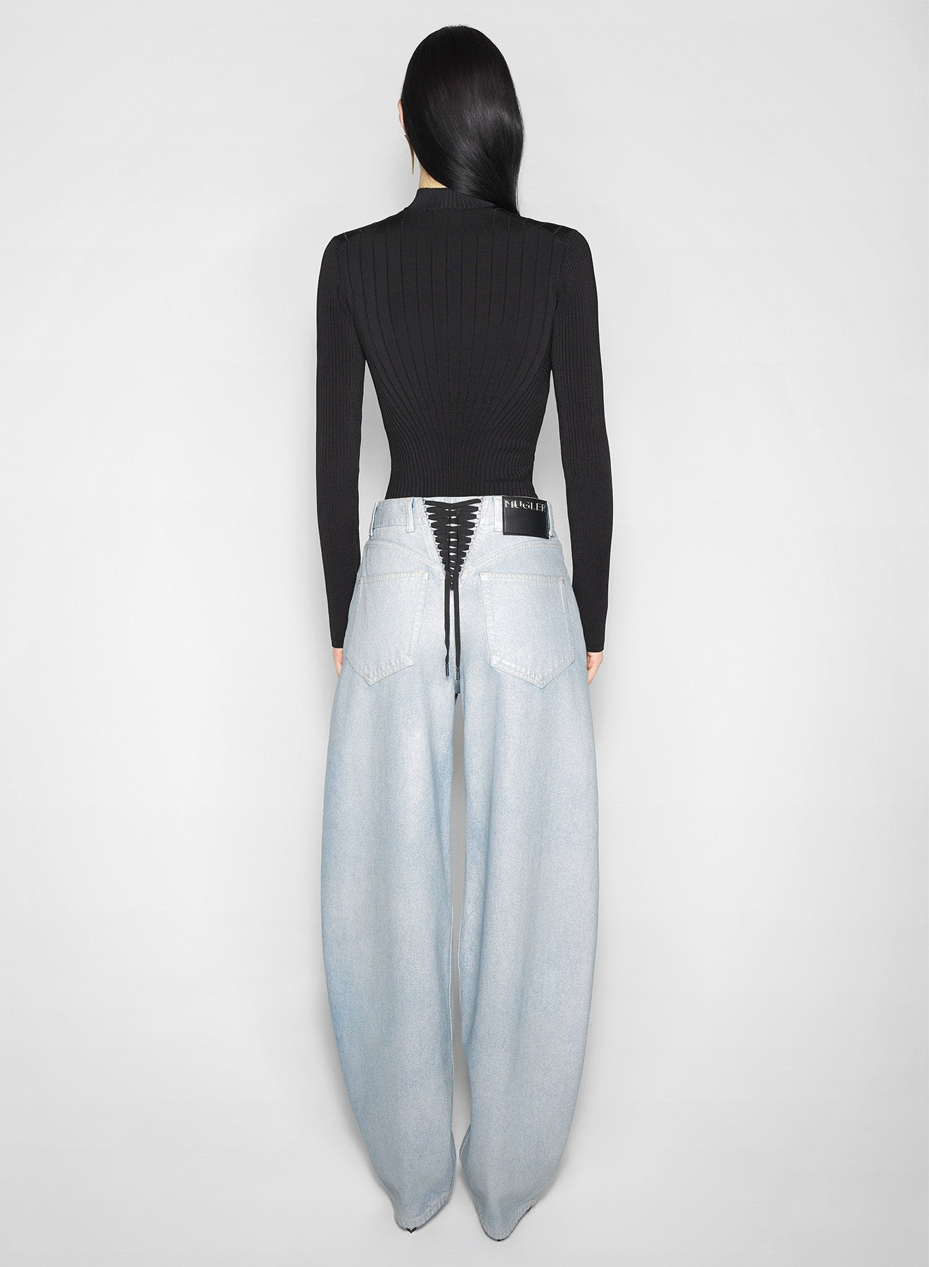 silver blue laced-up wide-leg jeans - 4
