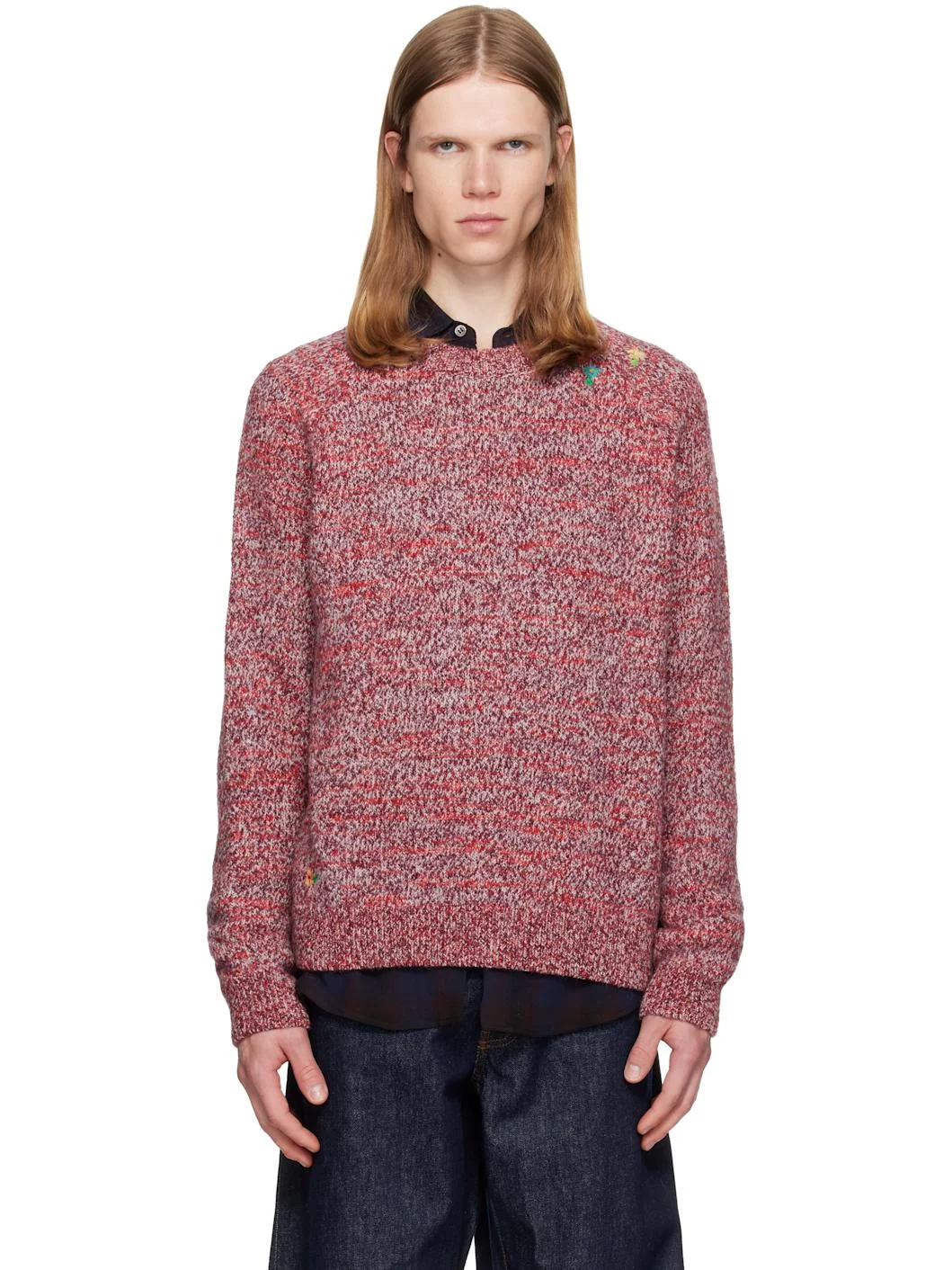 Red Embroidered Flowers Wool Sweater - 1