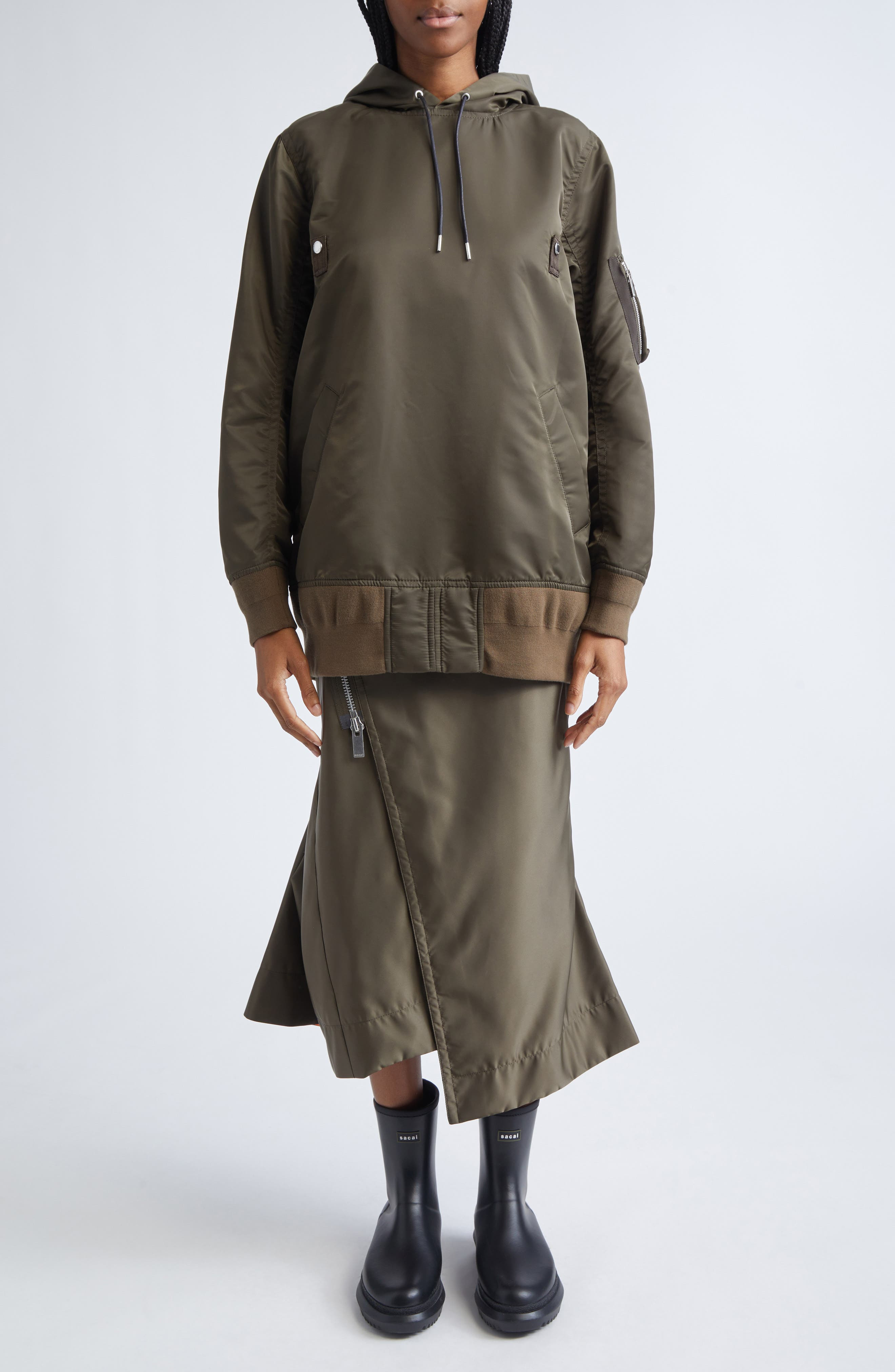 Sacai Nylon Twill Hoodie in Dark Khaki at Nordstrom - 2
