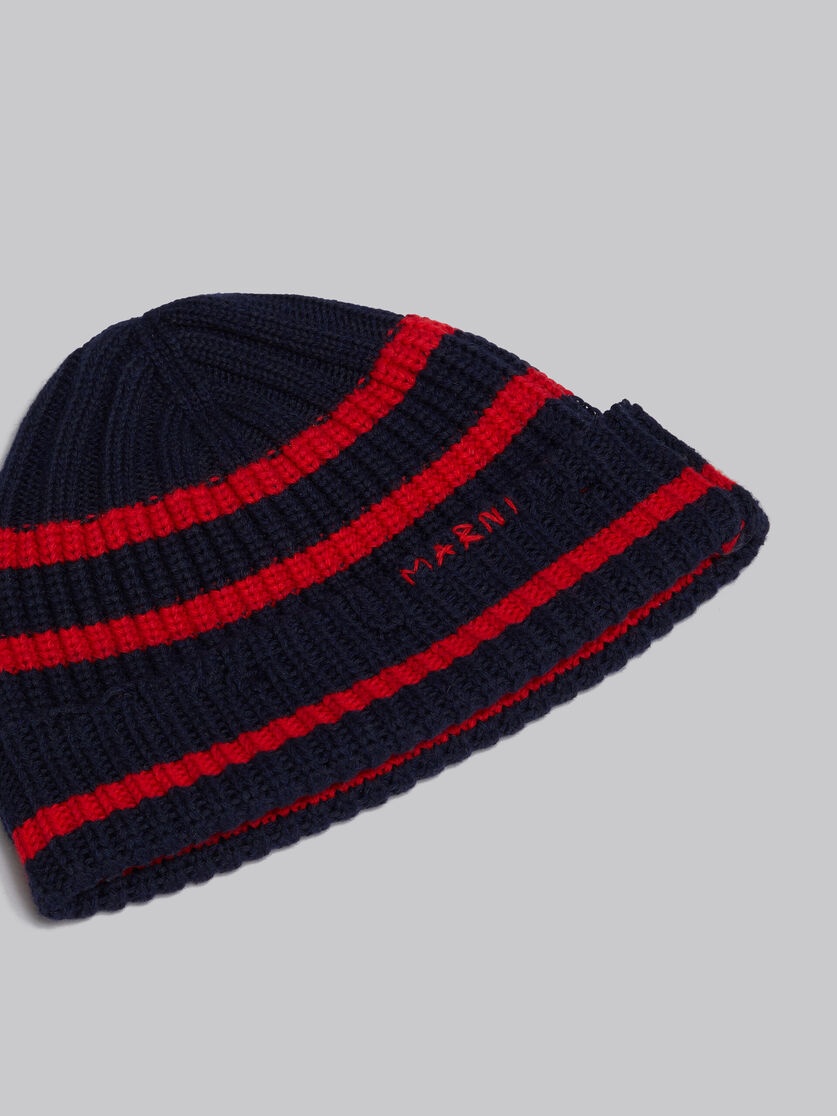 NAVY RIBBED WOOL BEANIE WITH SAILOR STRIPES - 4